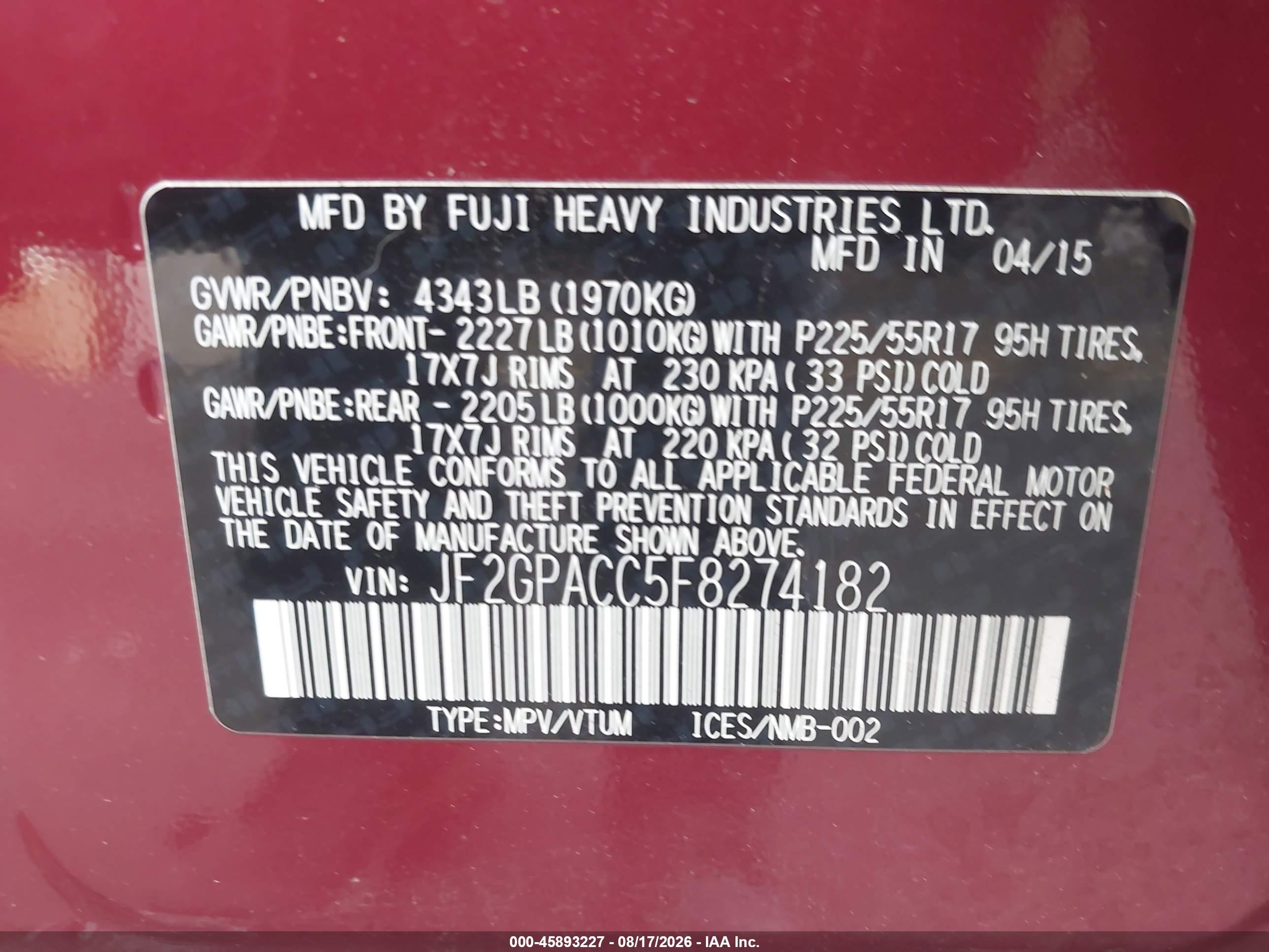2015 Subaru Xv Crosstrek 2.0i Premium Red vin: JF2GPACC5F8274182
