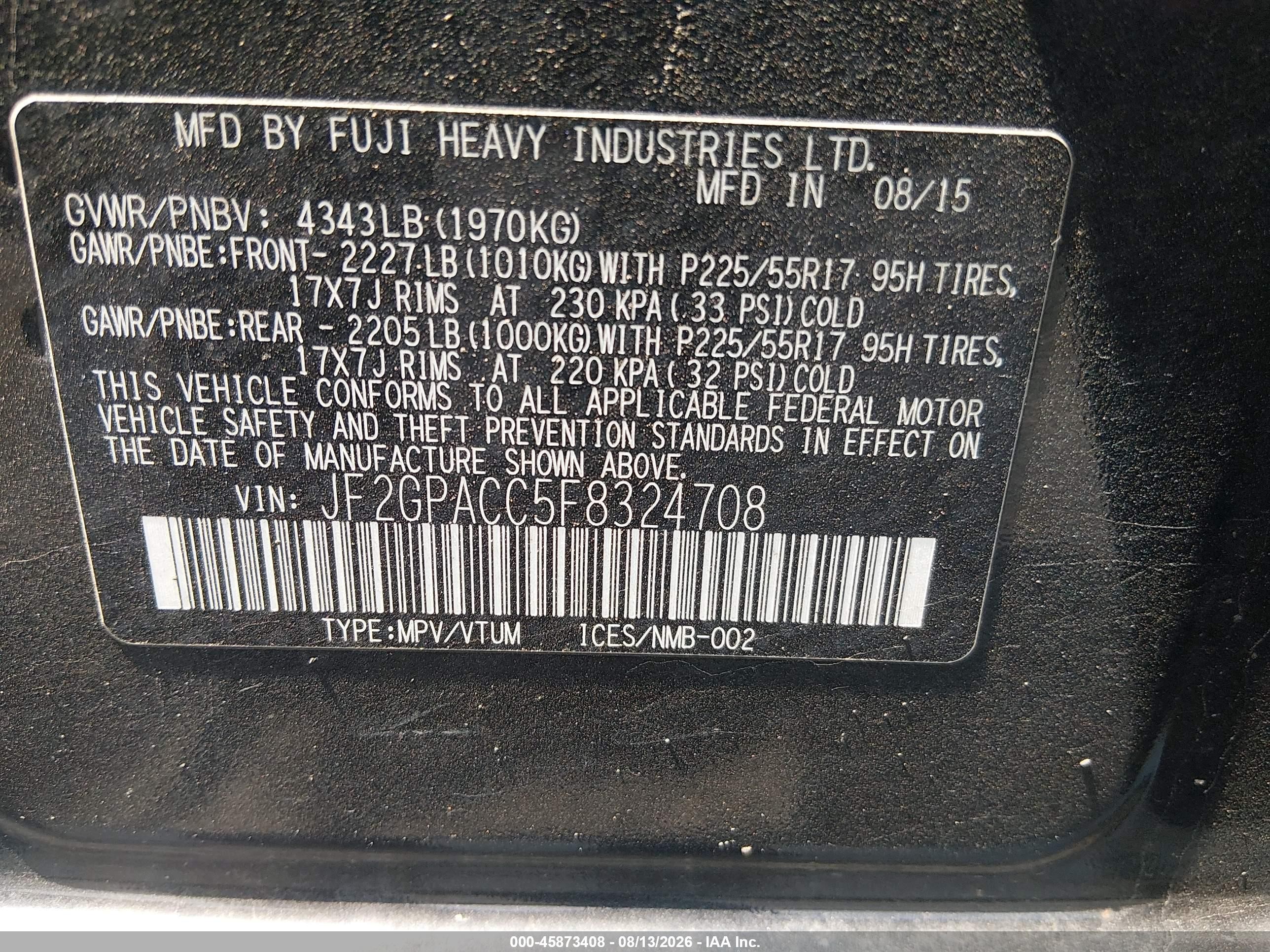 2015 Subaru Xv Crosstrek 2.0i Premium Black vin: JF2GPACC5F8324708