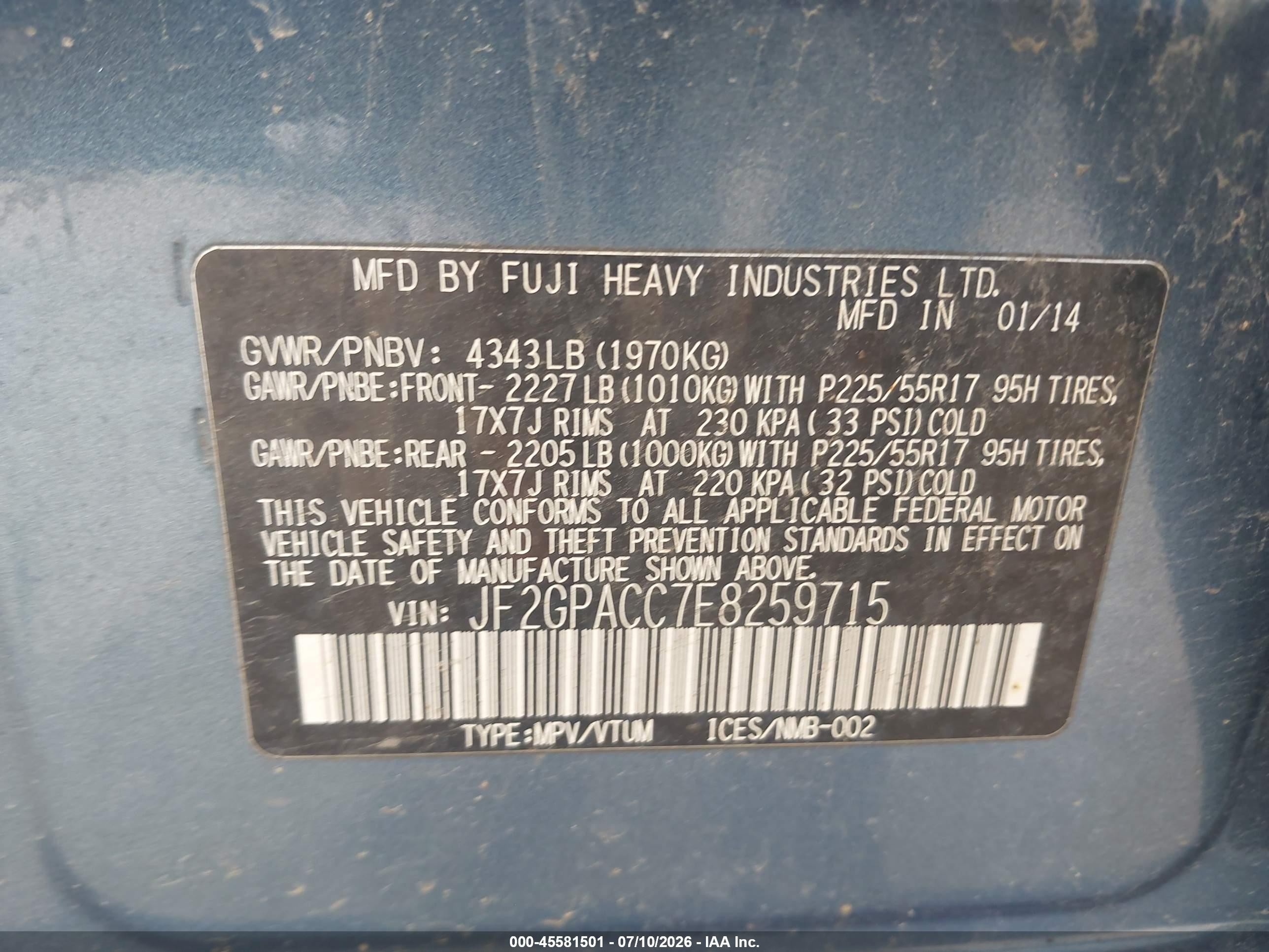 2014 Subaru Xv Crosstrek 2.0i Premium Blue vin: JF2GPACC7E8259715