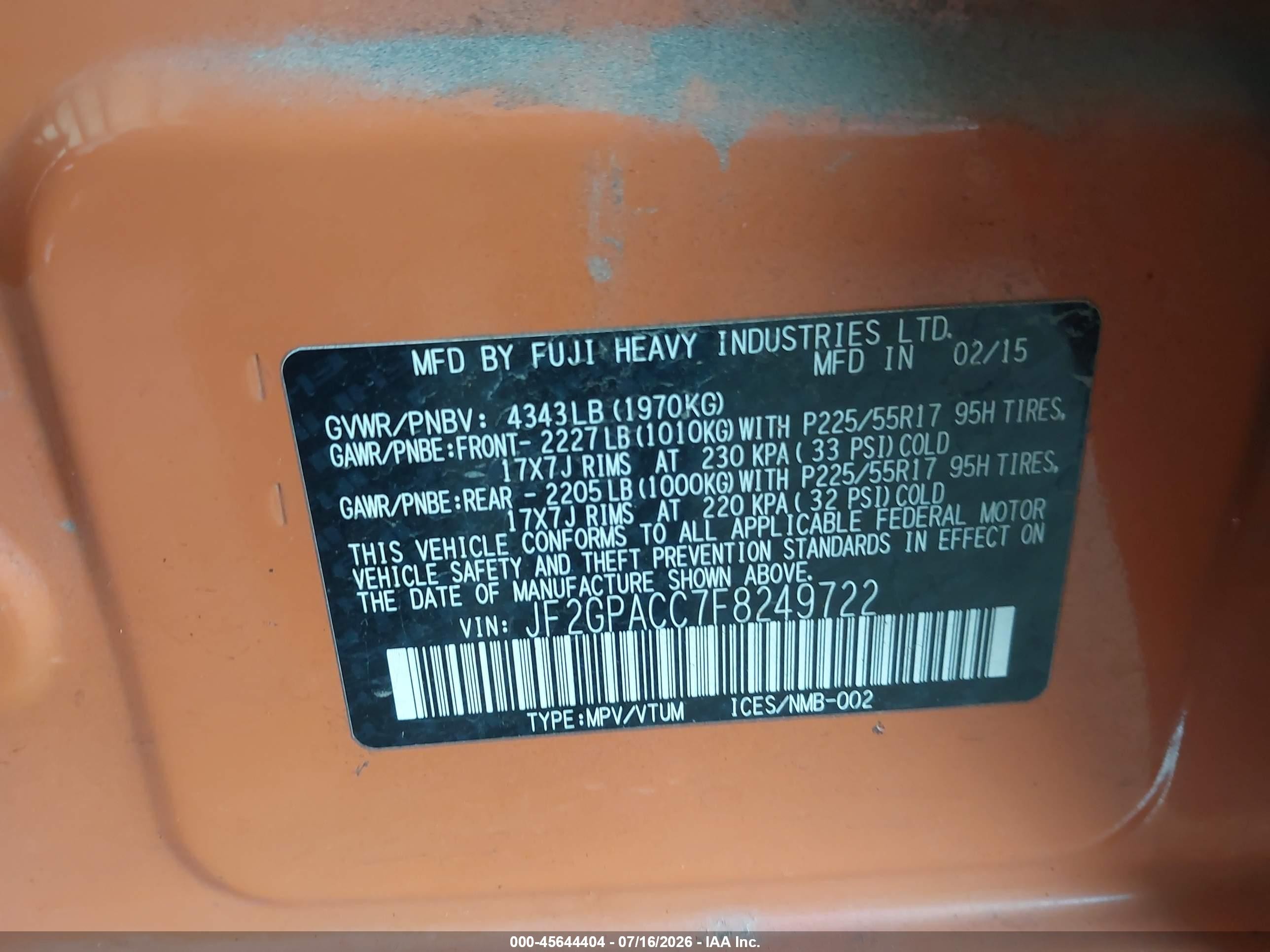 2015 Subaru Xv Crosstrek 2.0i Premium Orange vin: JF2GPACC7F8249722
