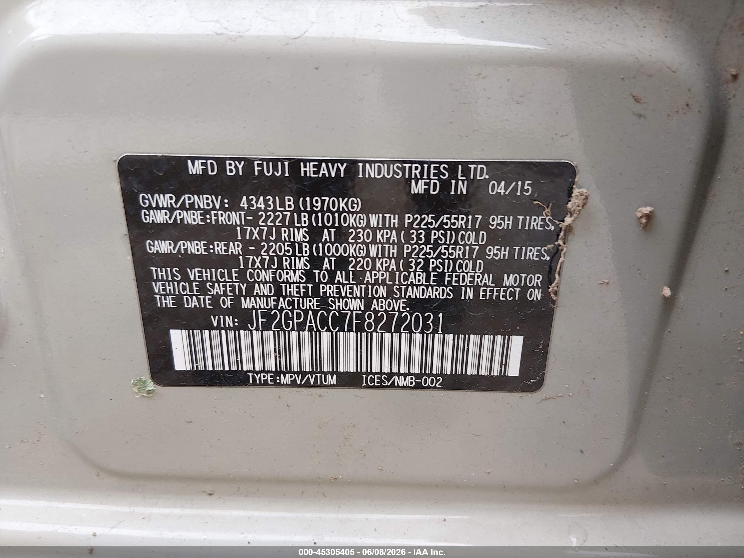 2015 Subaru Xv Crosstrek 2.0i Premium Beige vin: JF2GPACC7F8272031