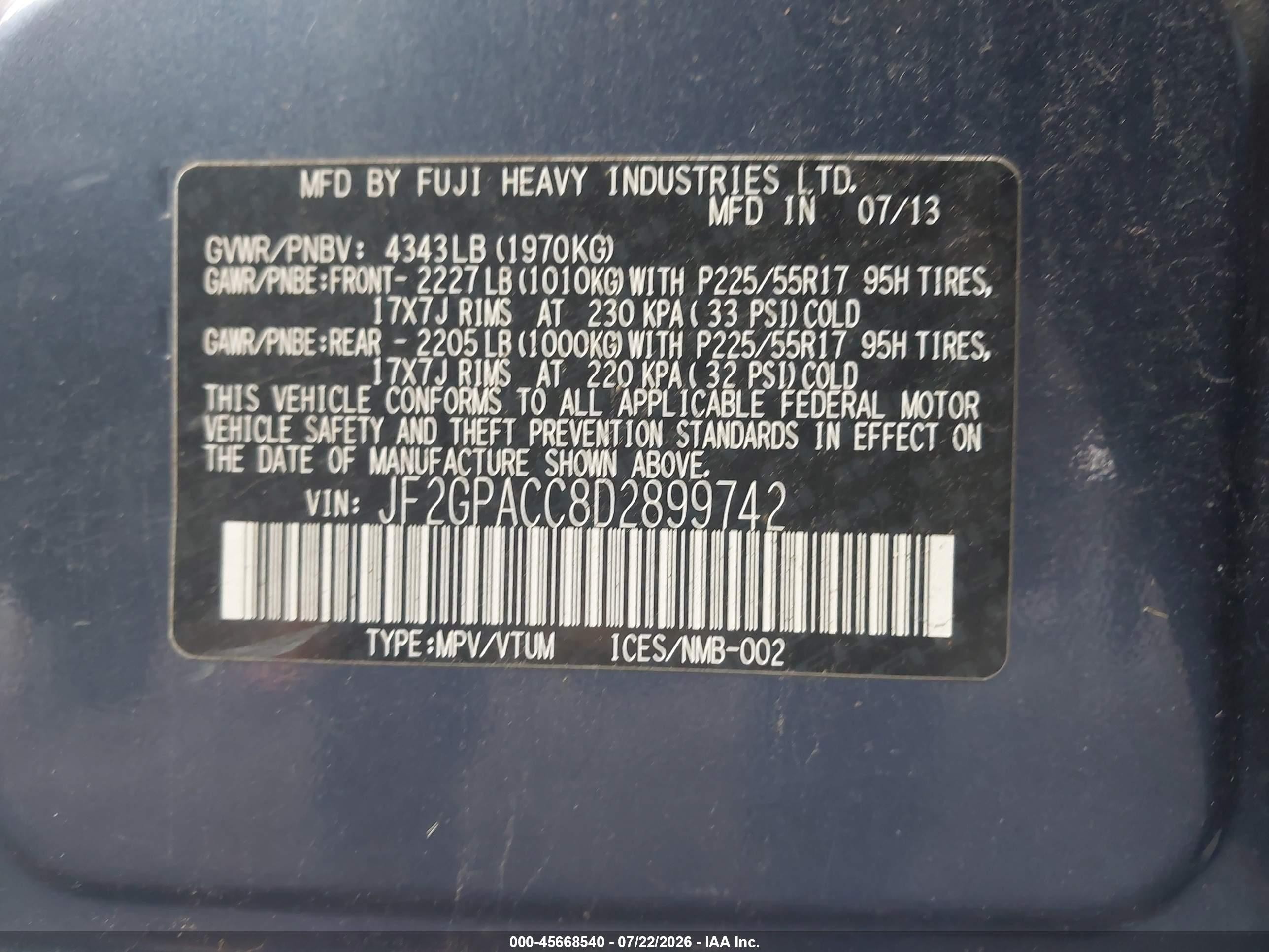 2013 Subaru Xv Crosstrek 2.0i Premium Синий vin: JF2GPACC8D2899742