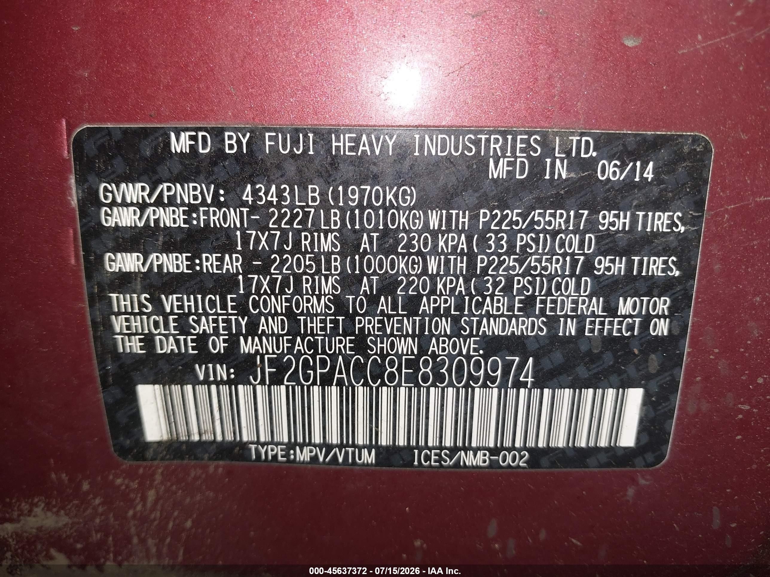 2014 Subaru Xv Crosstrek 2.0i Premium Red vin: JF2GPACC8E8309974