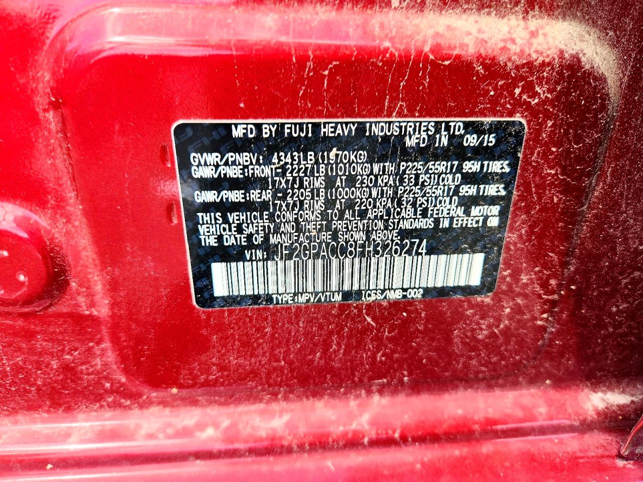 2015 Subaru Xv Crosstrek 2.0 Premium Red vin: JF2GPACC8FH326274