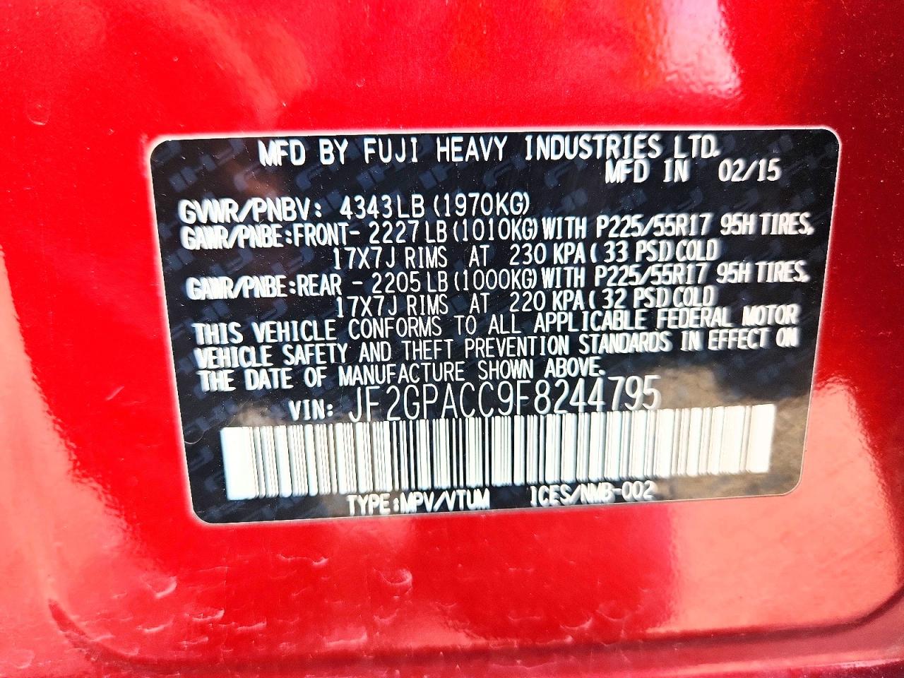 2015 Subaru Xv Crosstrek 2.0 Premium Red vin: JF2GPACC9F8244795