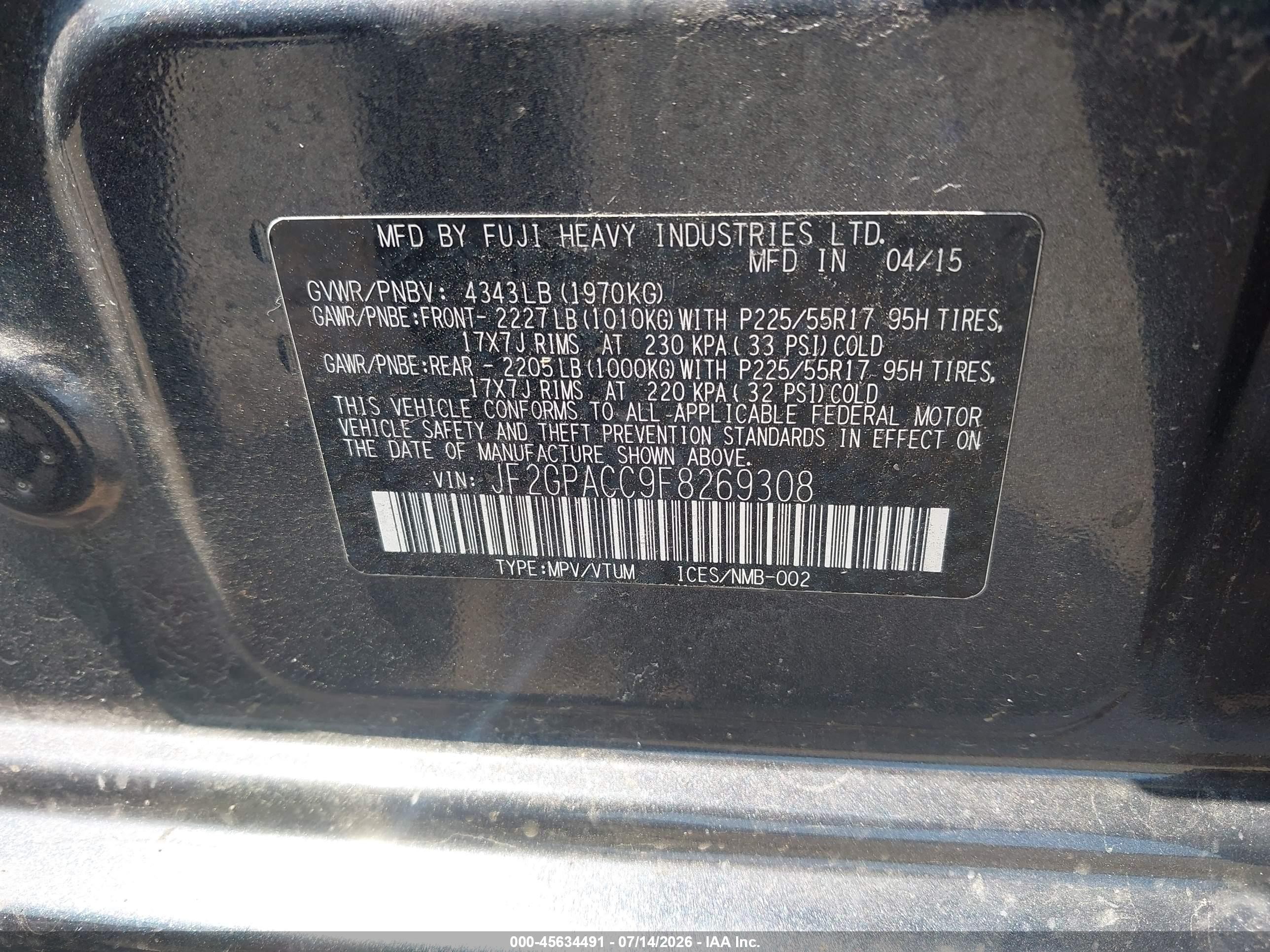 2015 Subaru Xv Crosstrek 2.0i Premium Gray vin: JF2GPACC9F8269308