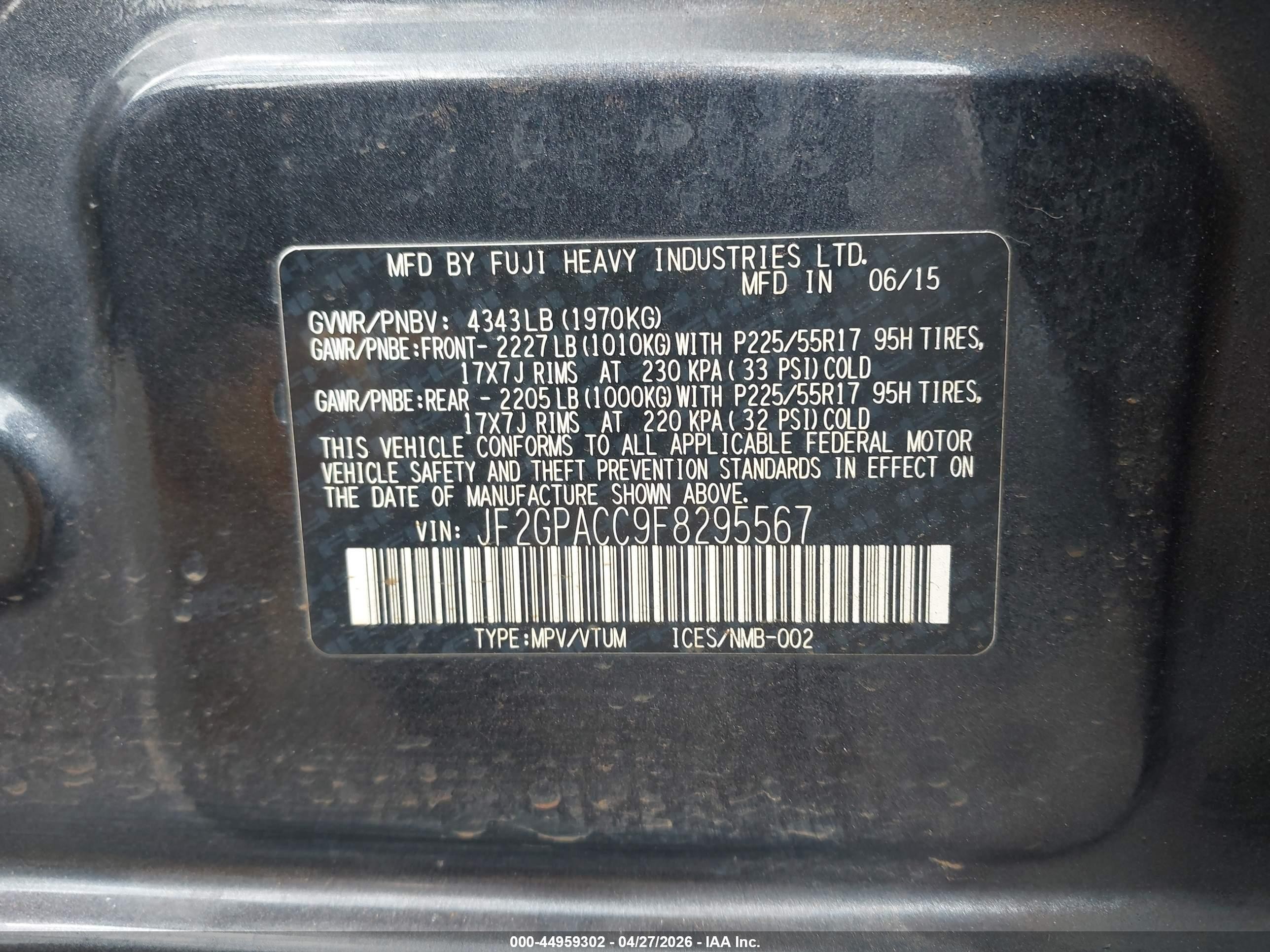 2015 Subaru Xv Crosstrek 2.0 Premium Gray vin: JF2GPACC9F8295567