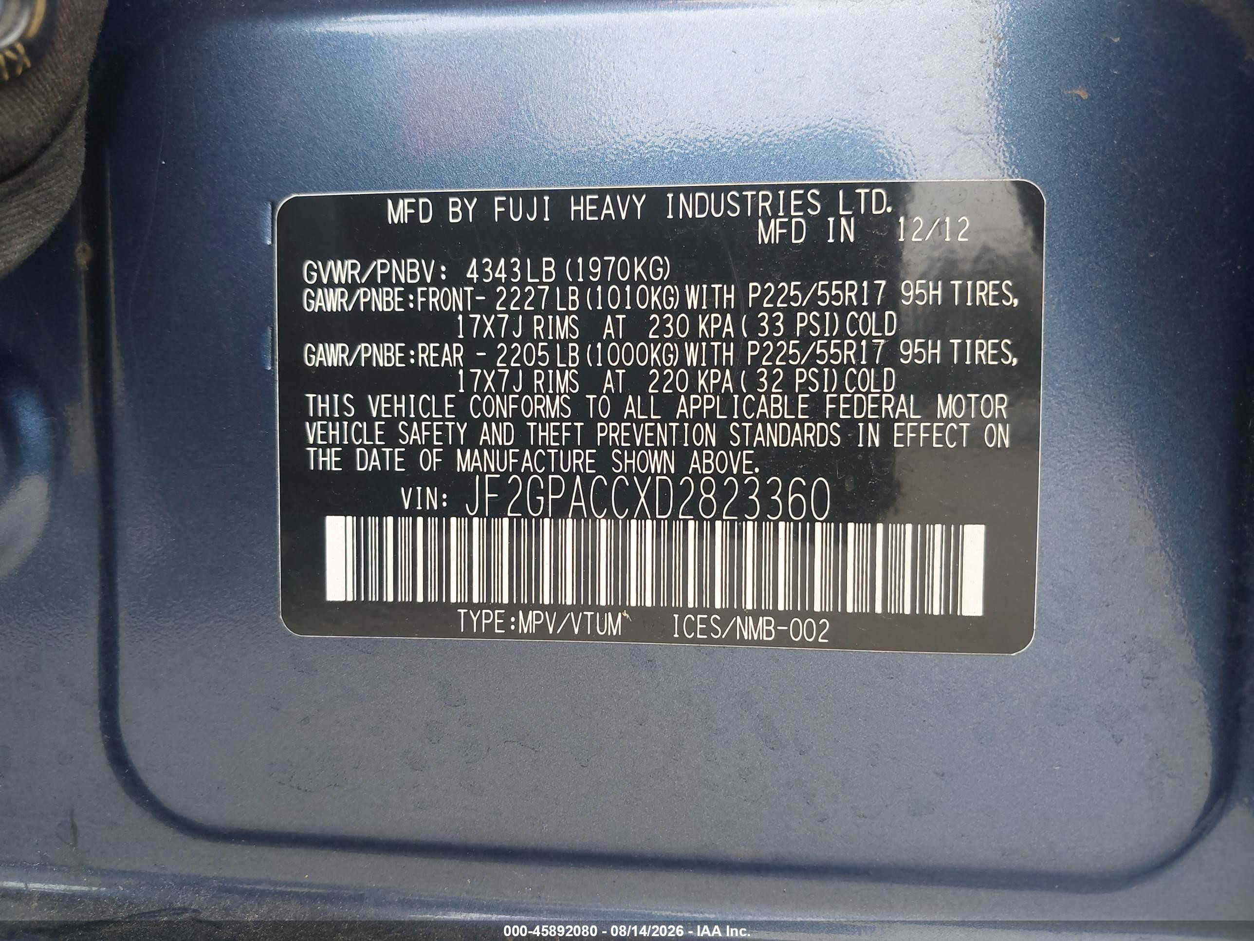 2013 Subaru Xv Crosstrek 2.0i Premium Blue vin: JF2GPACCXD2823360