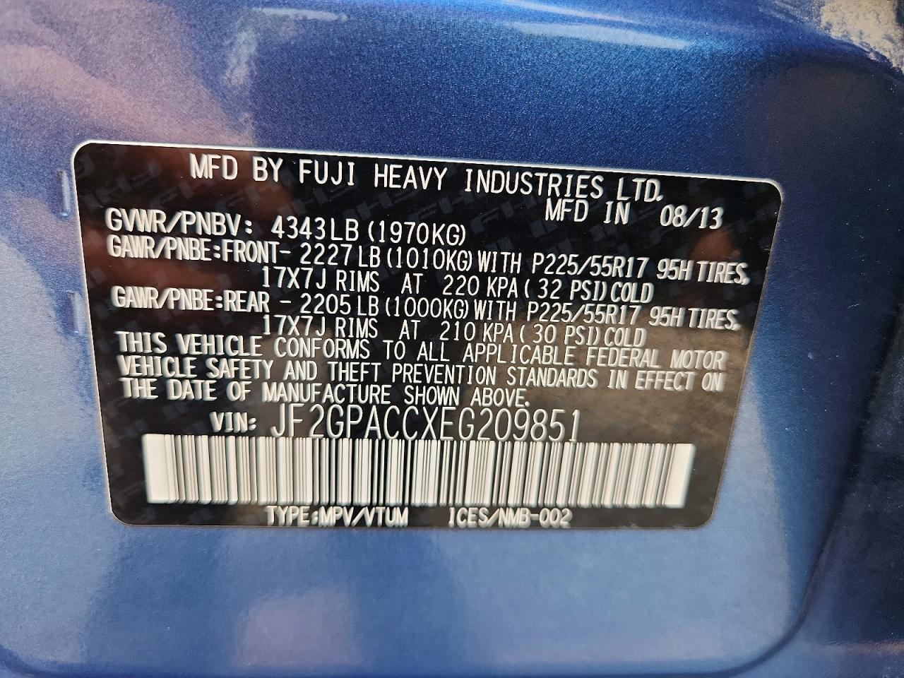 2014 Subaru Xv Crosstrek 2.0 Premium Blue vin: JF2GPACCXEG209851