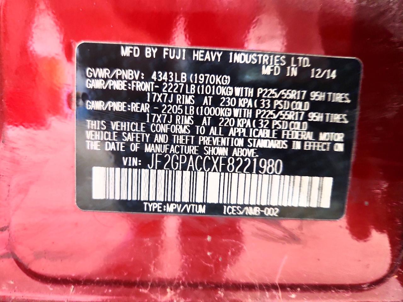 2015 Subaru Xv Crosstrek 2.0 Premium Red vin: JF2GPACCXF8221980