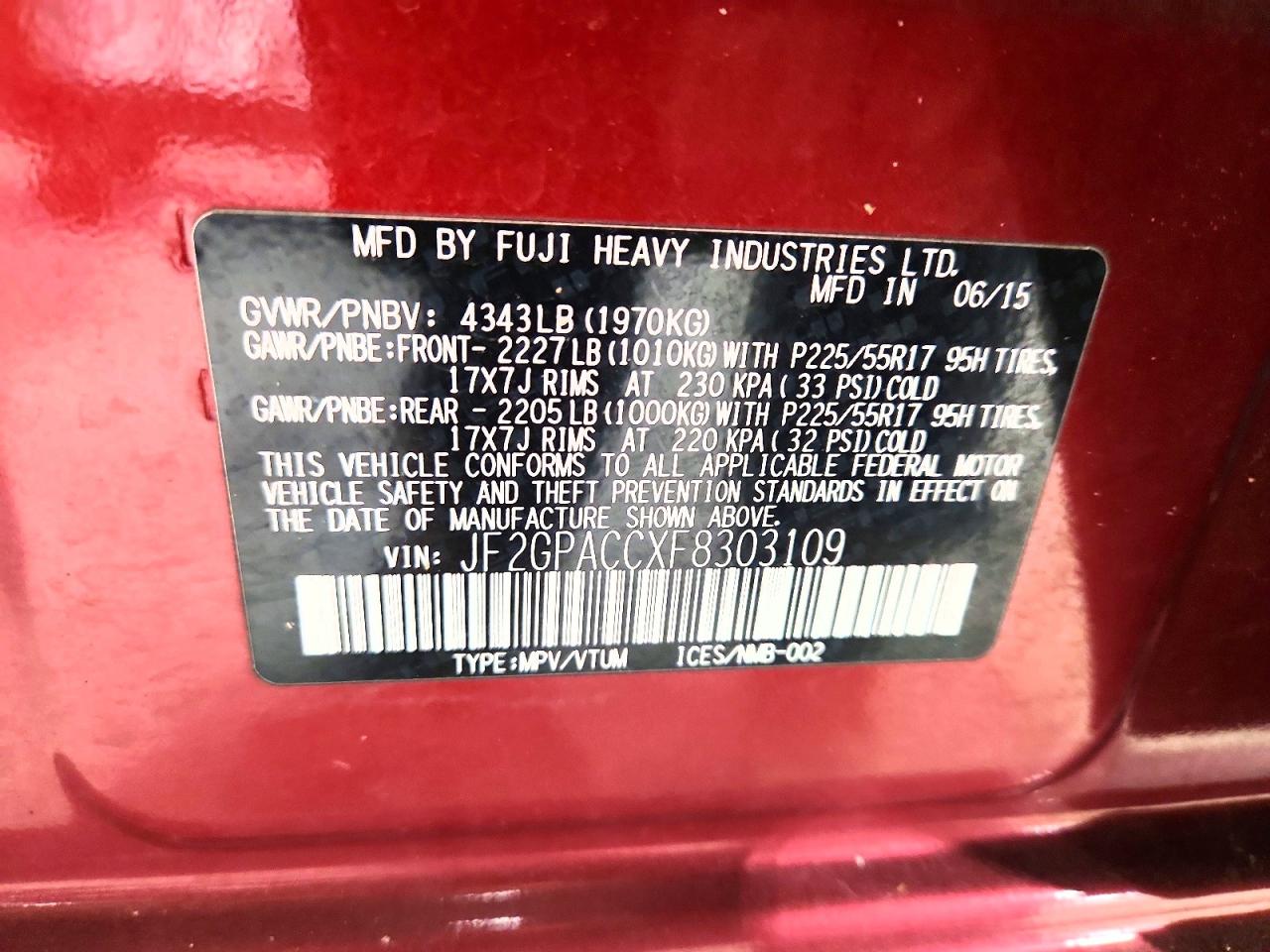 2015 Subaru Xv Crosstrek 2.0 Premium Red vin: JF2GPACCXF8303109