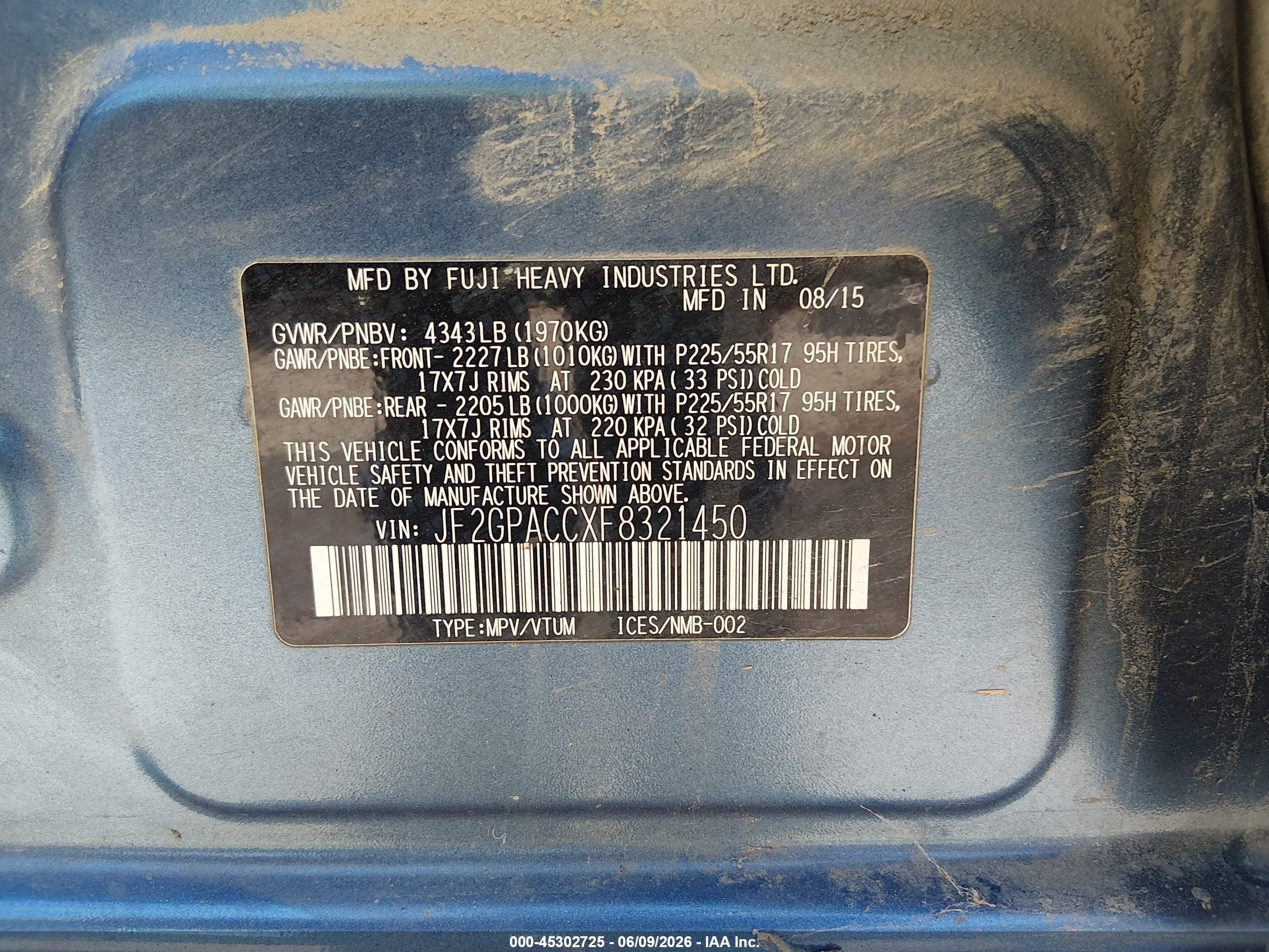 2015 Subaru Xv Crosstrek 2.0i Premium Blue vin: JF2GPACCXF8321450