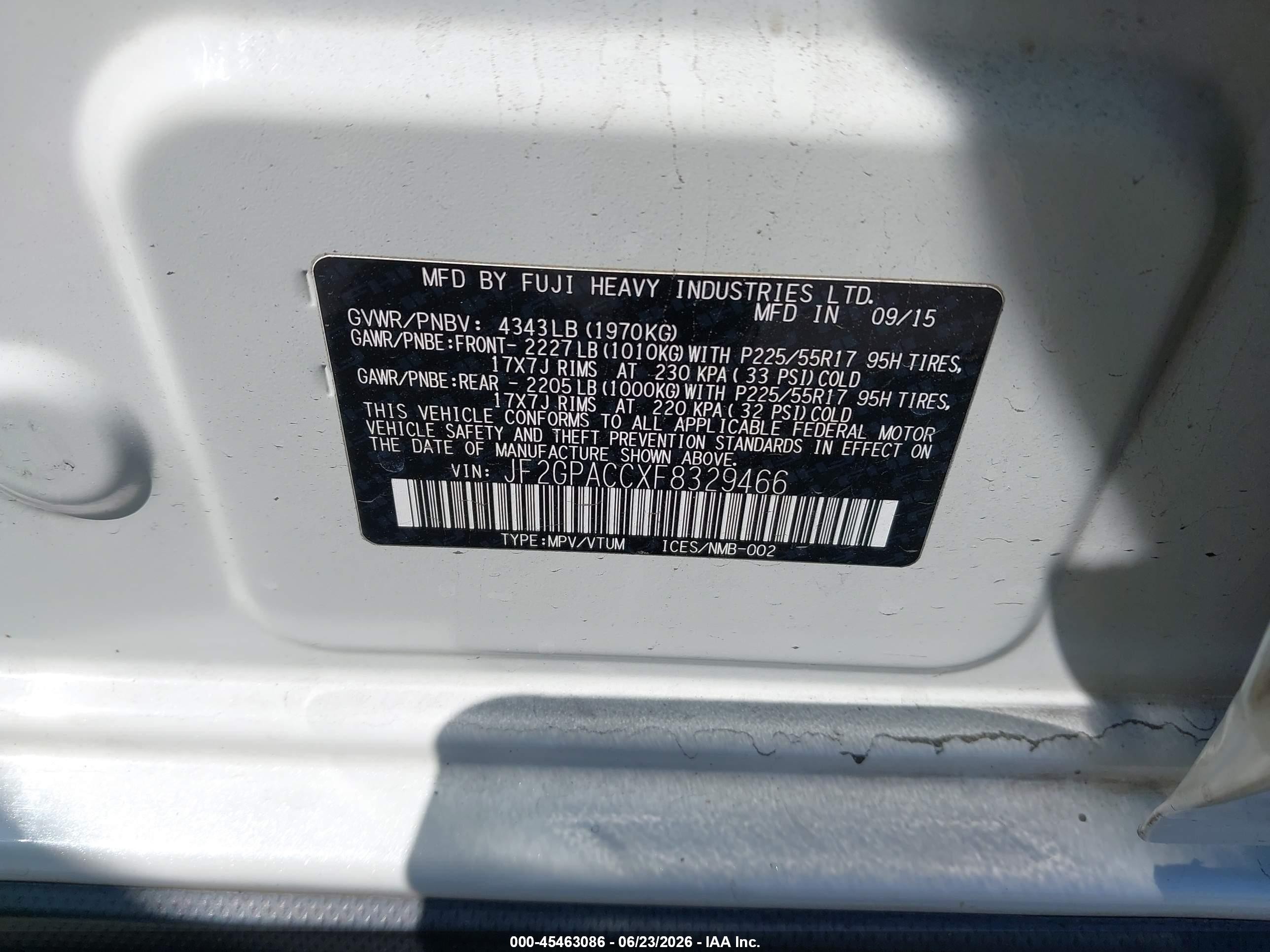 2015 Subaru Xv Crosstrek 2.0i Premium White vin: JF2GPACCXF8329466