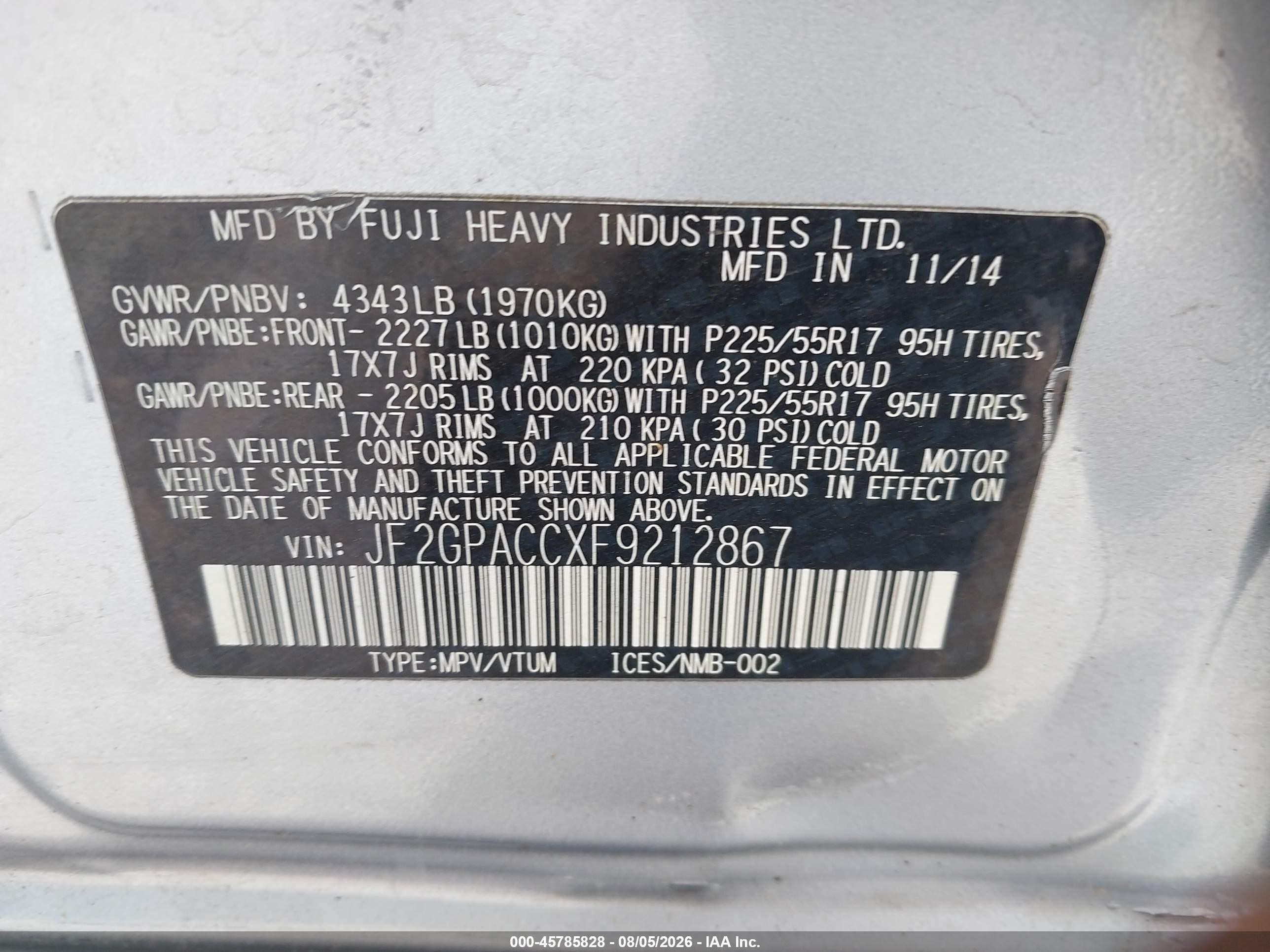 2015 Subaru Xv Crosstrek 2.0i Premium Silver vin: JF2GPACCXF9212867