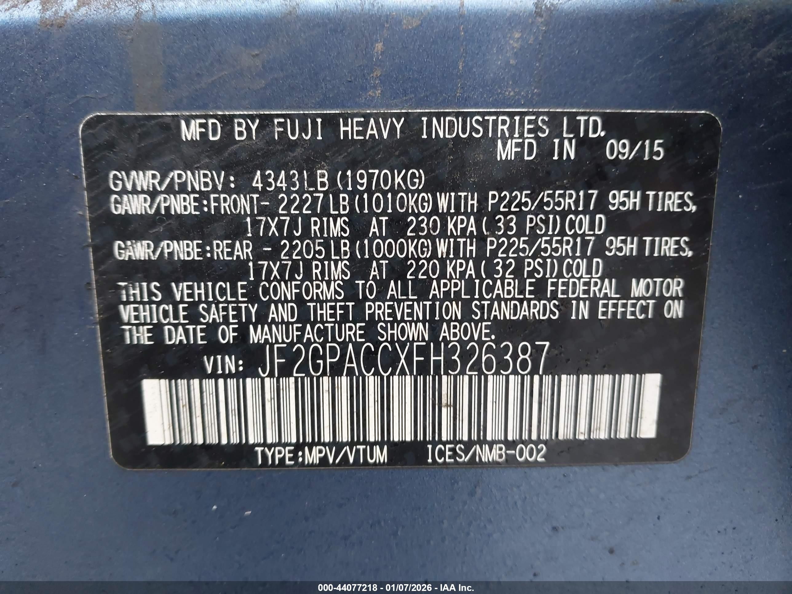 2015 Subaru Xv Crosstrek 2.0i Premium Blue vin: JF2GPACCXFH326387