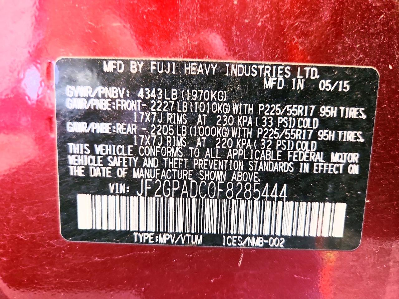 2015 Subaru Xv Crosstrek 2.0 Premium Red vin: JF2GPADC0F8285444