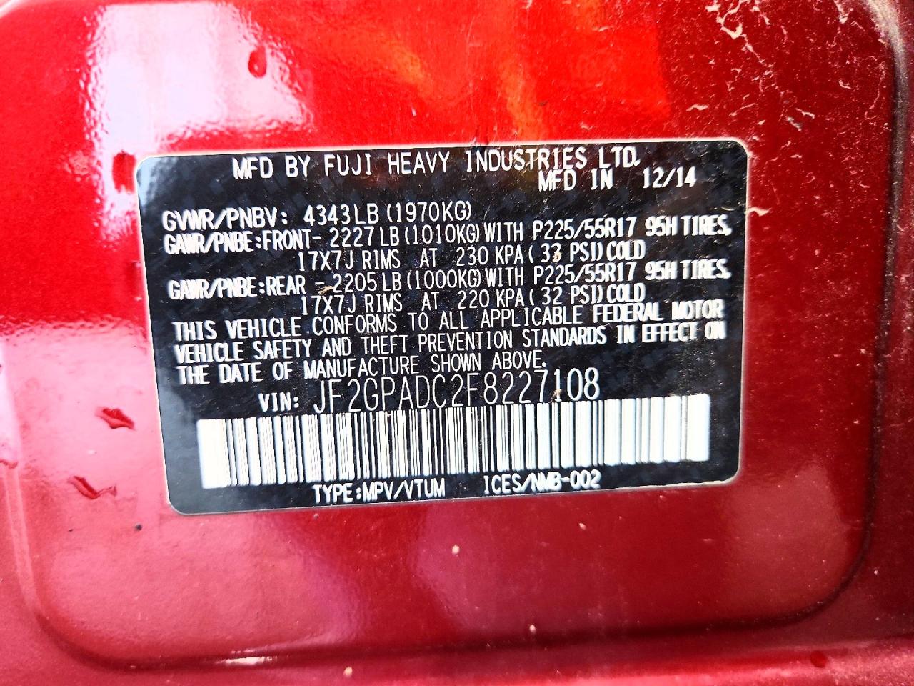 2015 Subaru Xv Crosstrek 2.0 Premium Maroon vin: JF2GPADC2F8227108