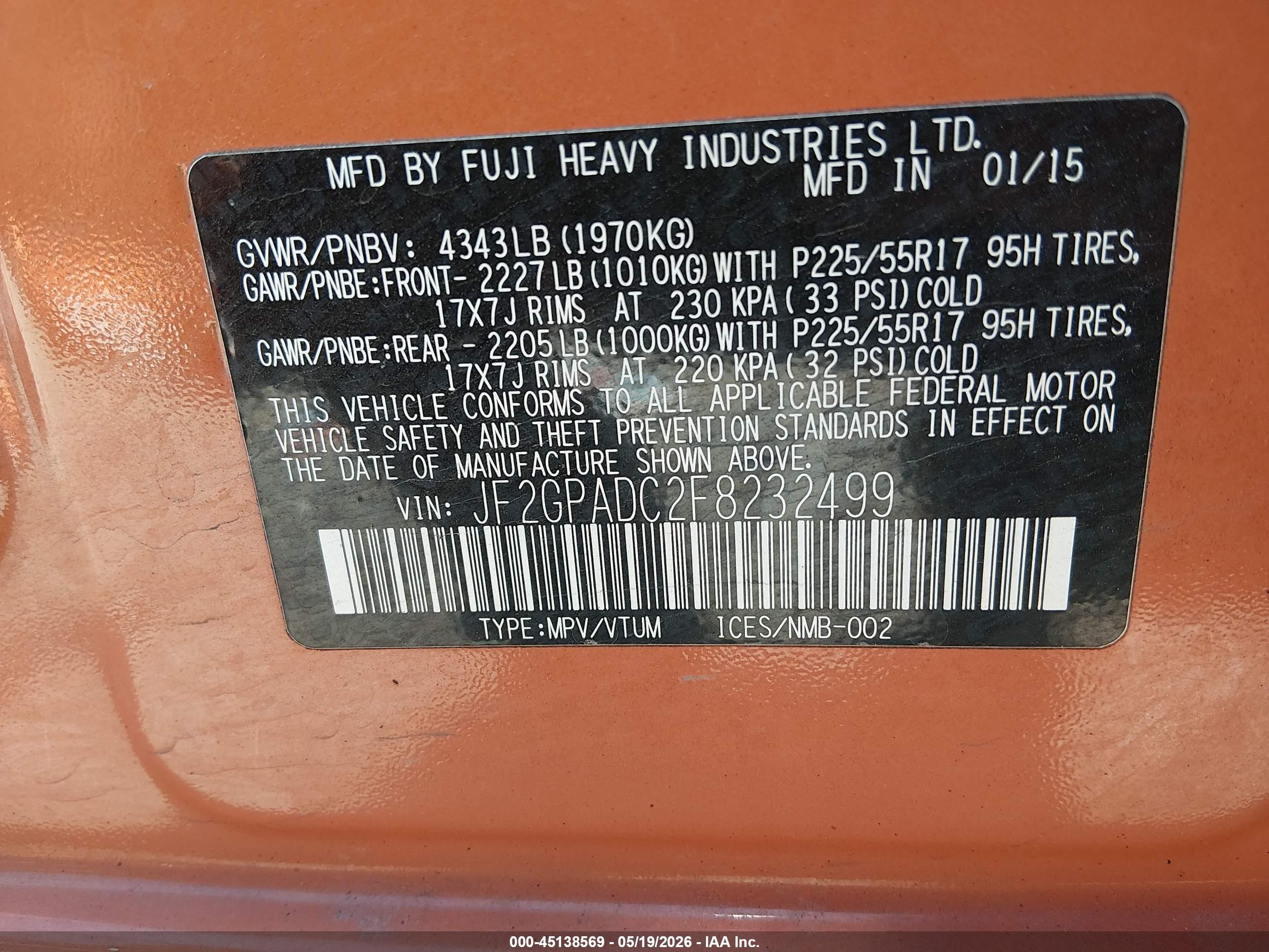2015 Subaru Xv Crosstrek 2.0i Premium Orange vin: JF2GPADC2F8232499