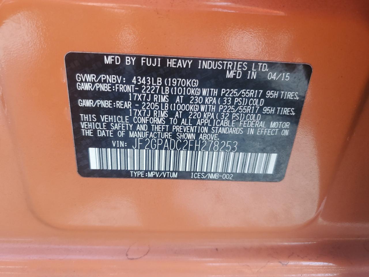 2015 Subaru Xv Crosstrek 2.0 Premium Orange vin: JF2GPADC2FH278253