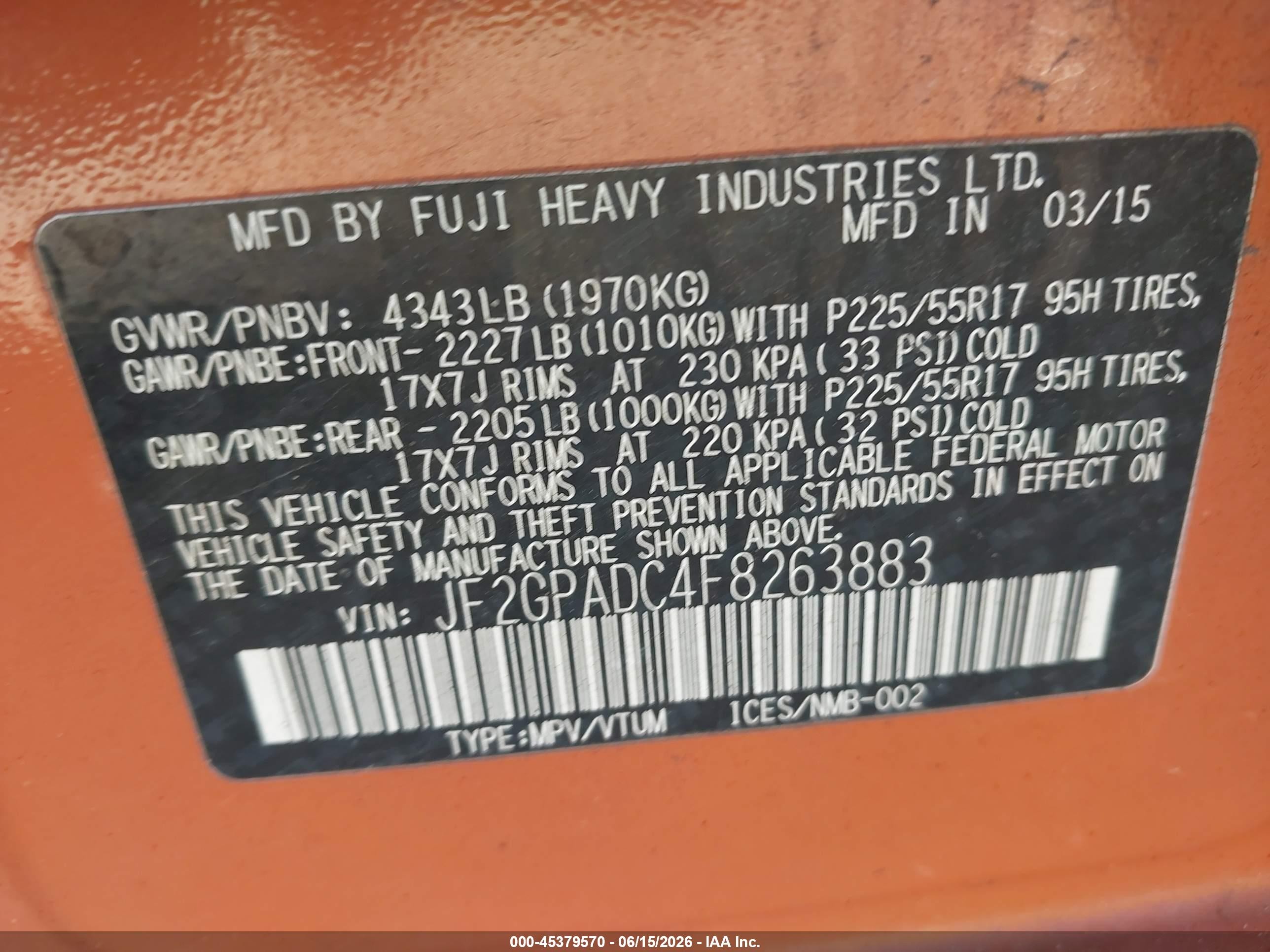 2015 Subaru Xv Crosstrek 2.0i Premium Orange vin: JF2GPADC4F8263883