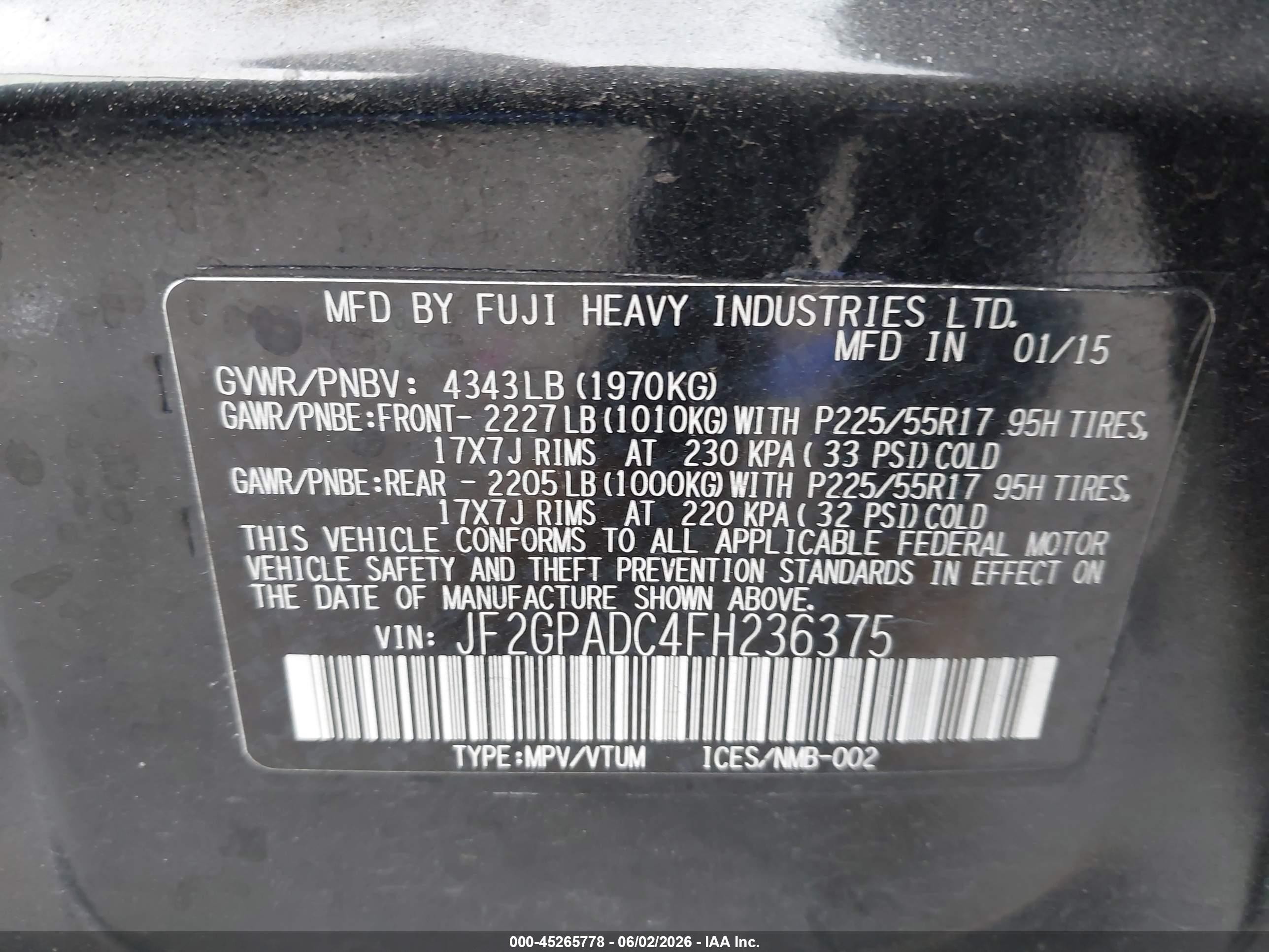 2015 Subaru Xv Crosstrek 2.0i Premium Black vin: JF2GPADC4FH236375