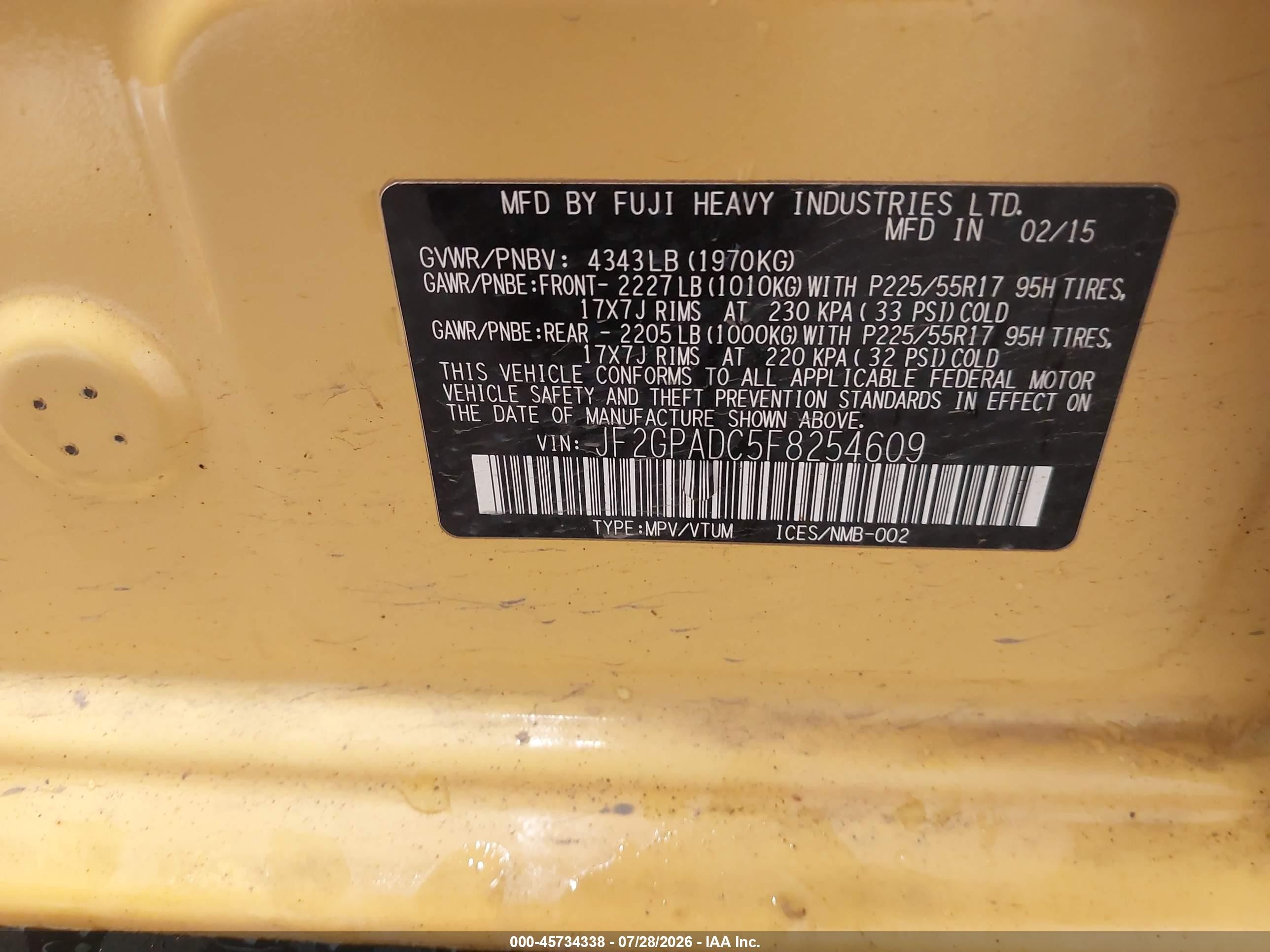 2015 Subaru Xv Crosstrek 2.0i Premium Yellow vin: JF2GPADC5F8254609