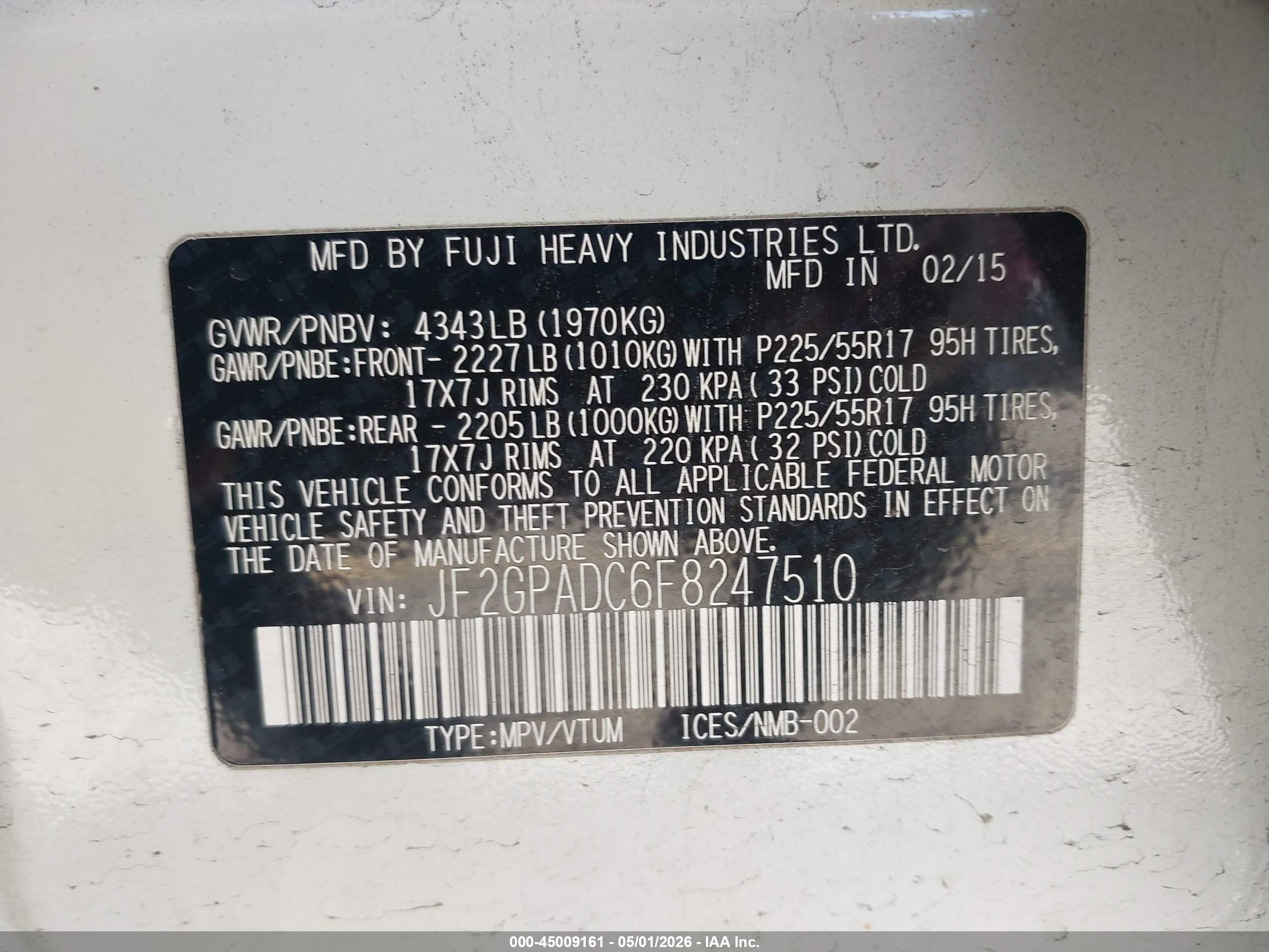 2015 Subaru Xv Crosstrek 2.0i Premium White vin: JF2GPADC6F8247510