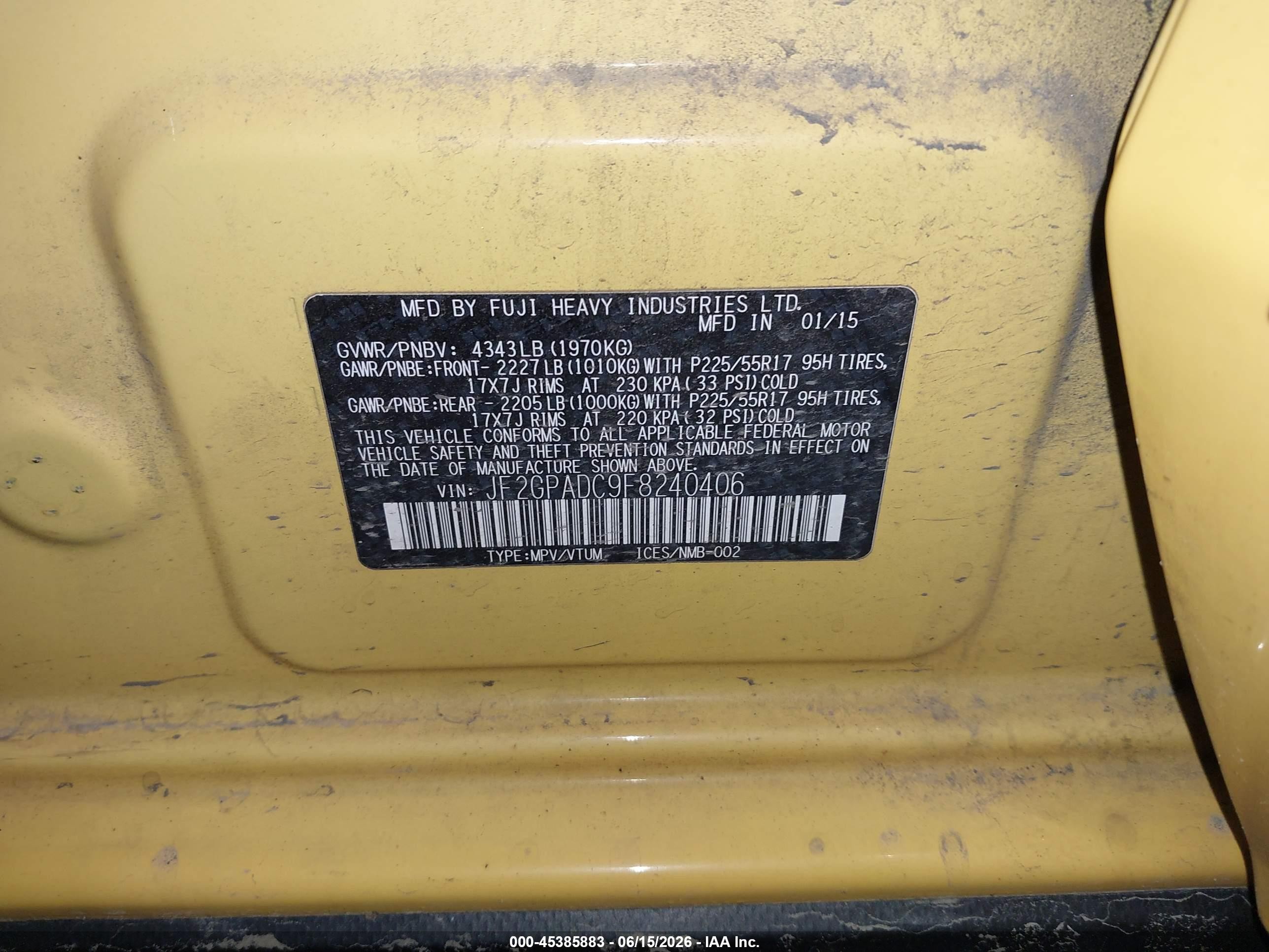 2015 Subaru Xv Crosstrek 2.0i Premium Yellow vin: JF2GPADC9F8240406
