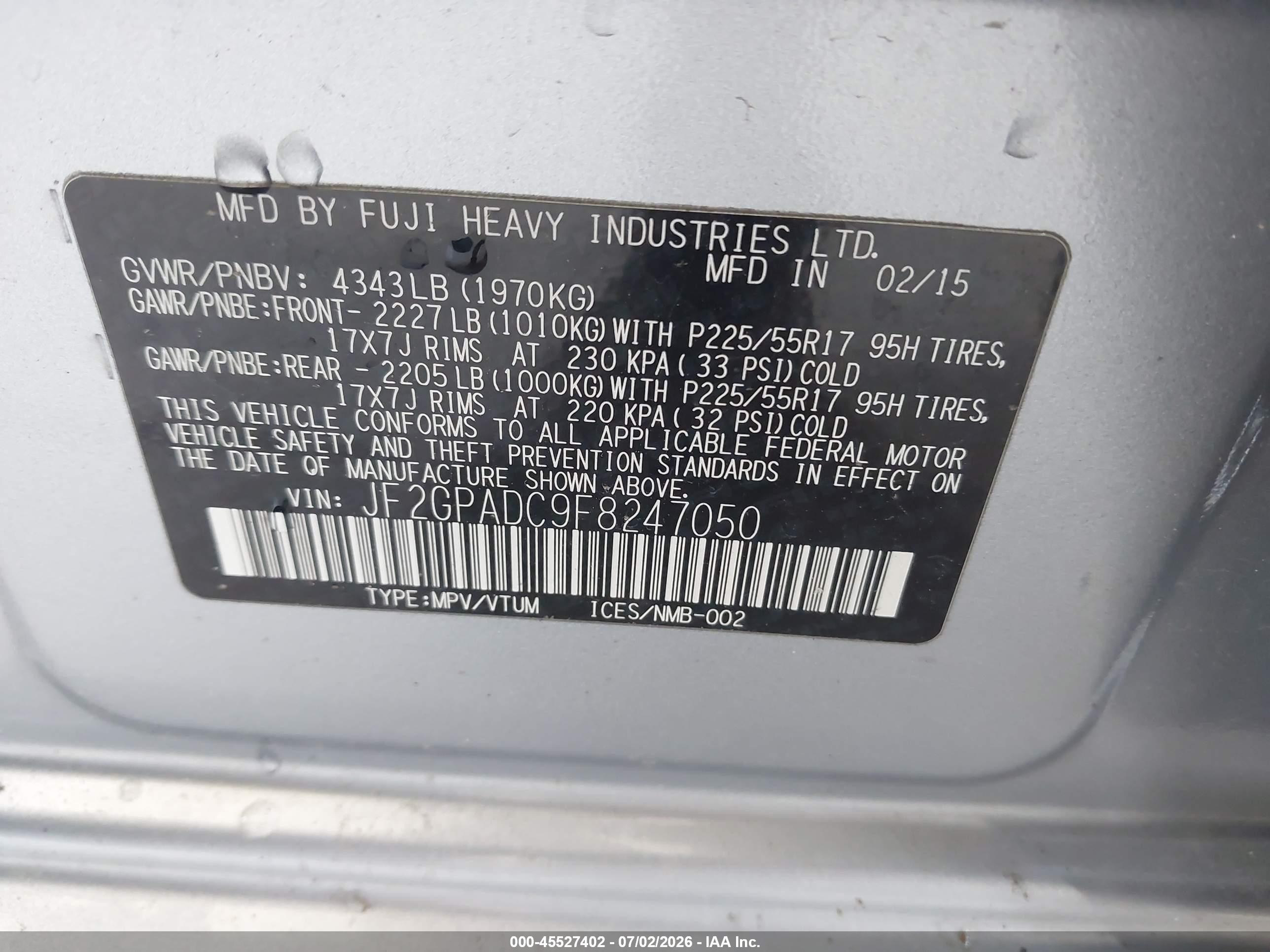 2015 Subaru Xv Crosstrek 2.0i Premium Silver vin: JF2GPADC9F8247050