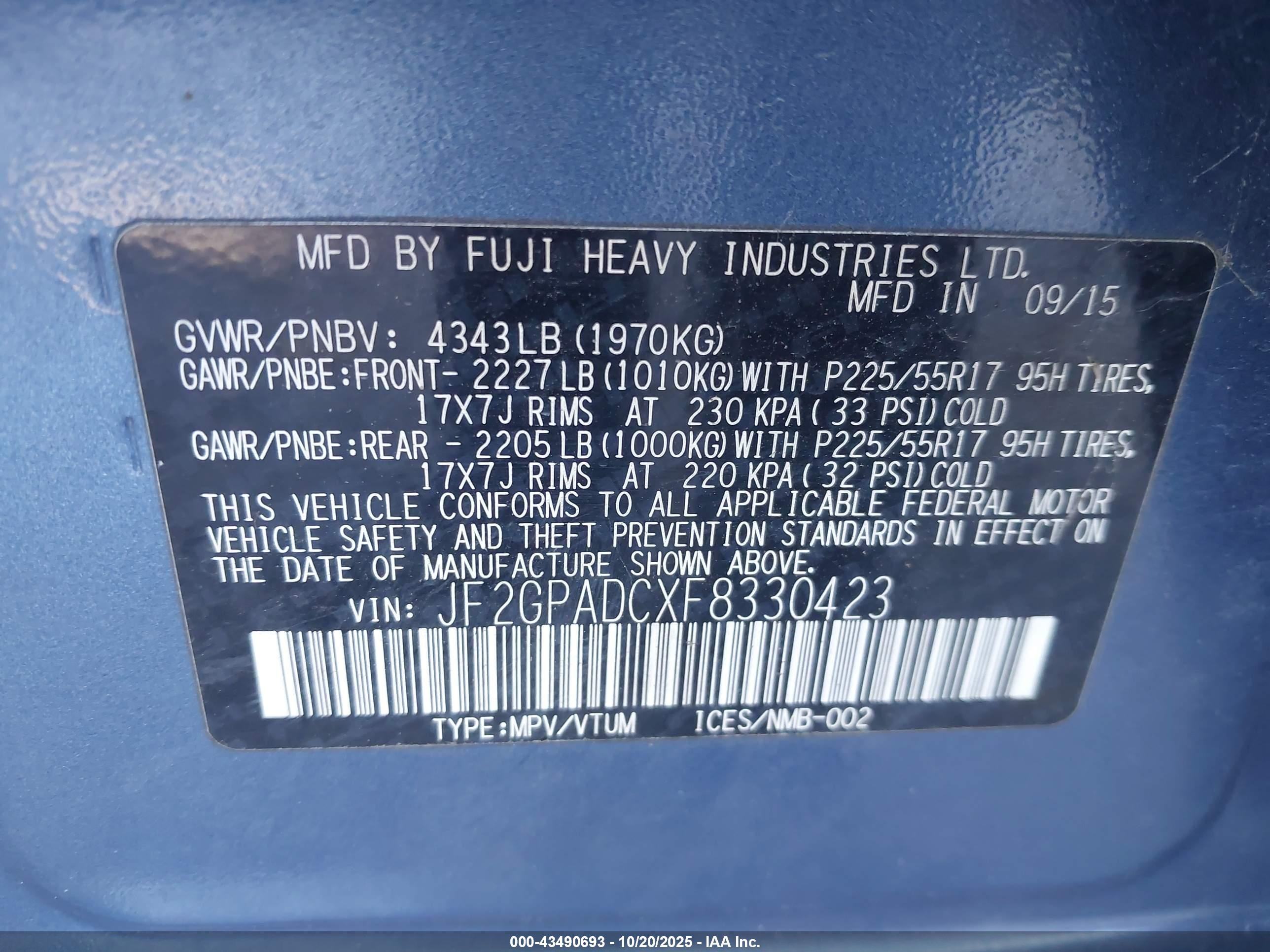 2015 Subaru Xv Crosstrek 2.0i Premium Blue vin: JF2GPADCXF8330423