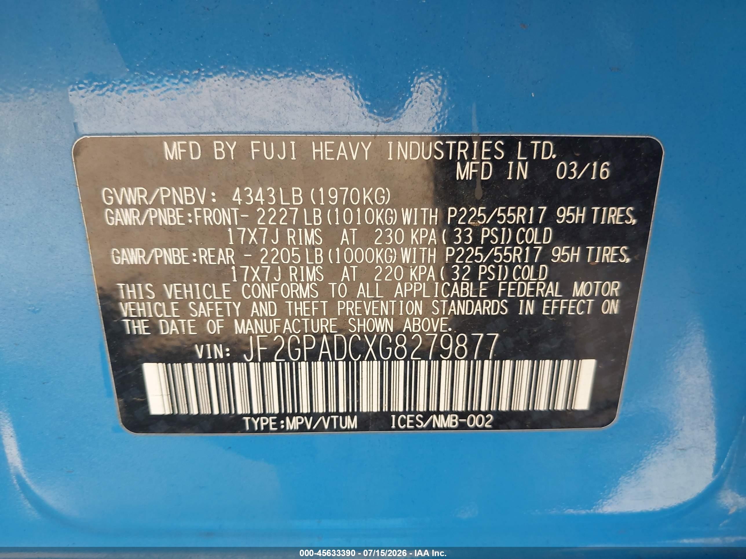 2016 Subaru Crosstrek 2.0i Premium Blue vin: JF2GPADCXG8279877