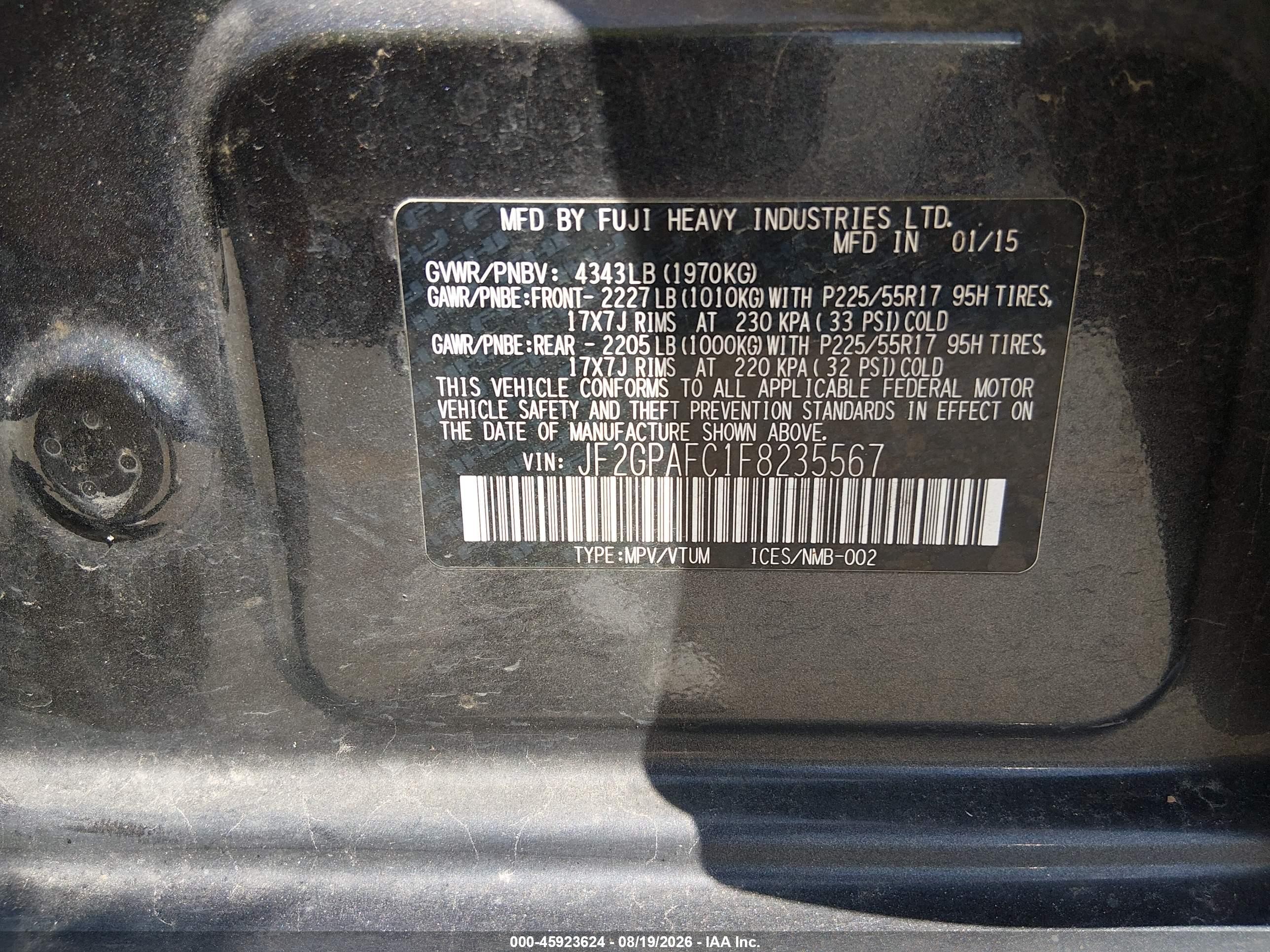 2015 Subaru Xv Crosstrek 2.0i Premium Gray vin: JF2GPAFC1F8235567