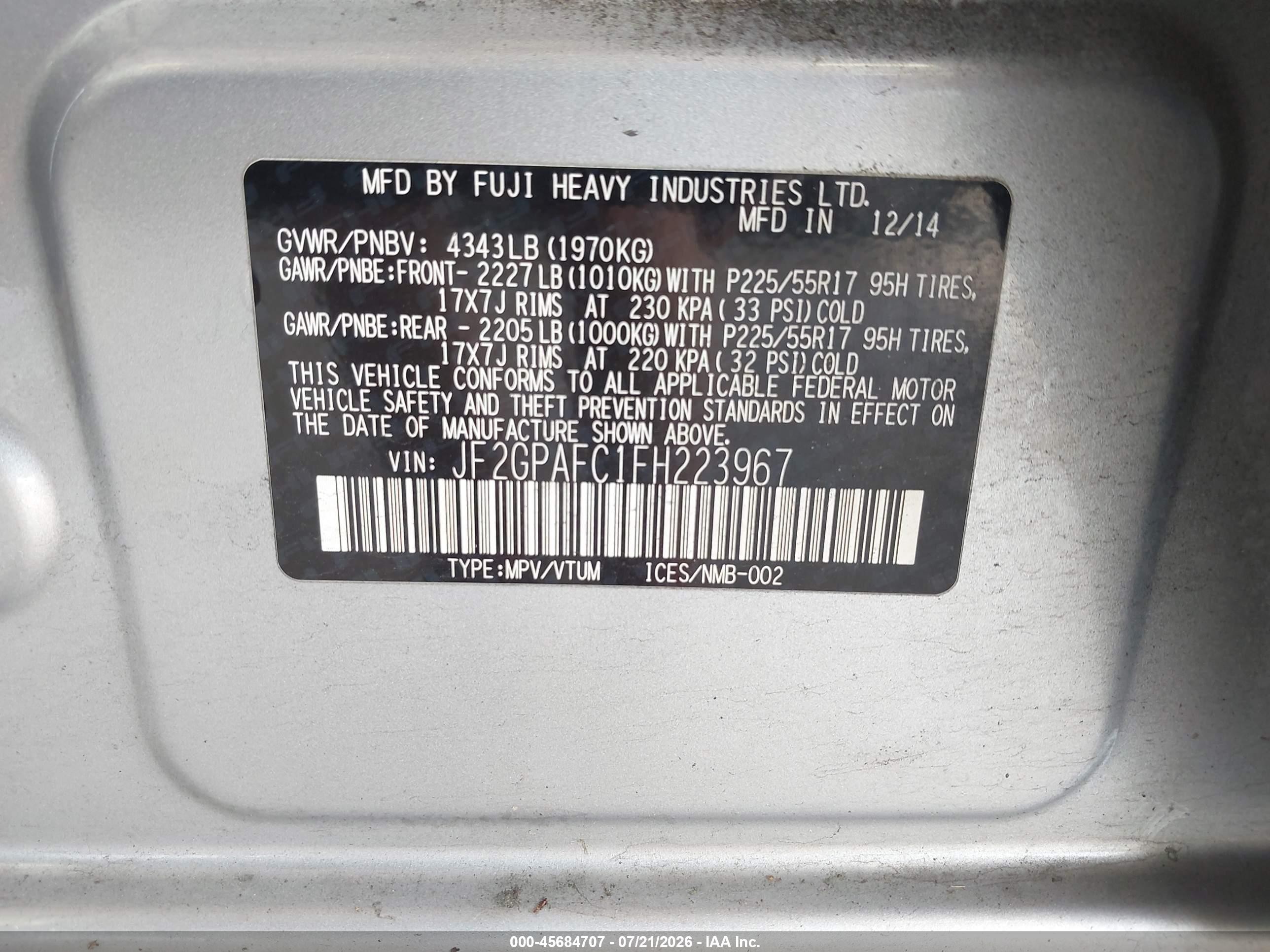 2015 Subaru Xv Crosstrek 2.0i Premium Silver vin: JF2GPAFC1FH223967