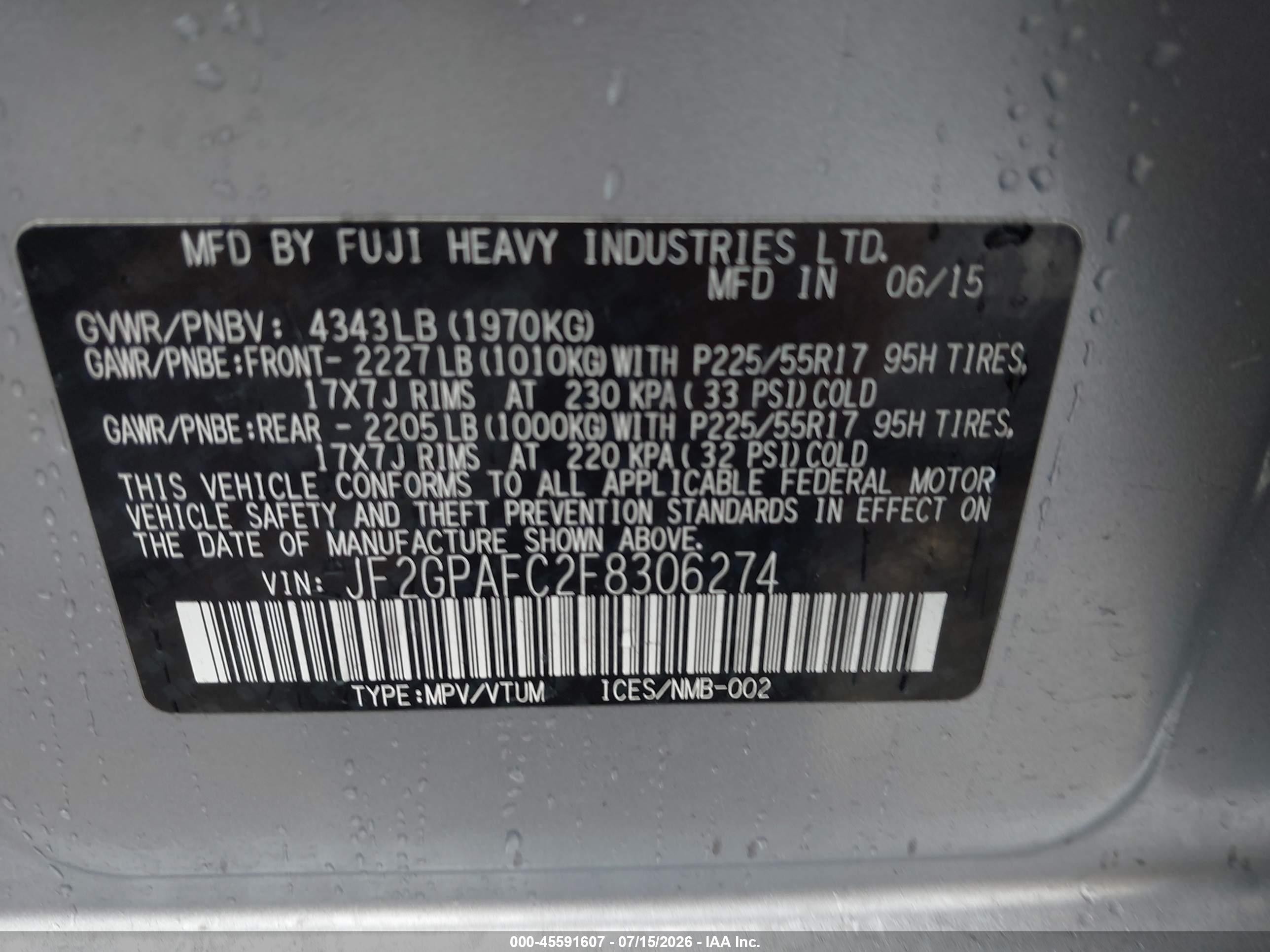 2015 Subaru Xv Crosstrek 2.0i Premium Silver vin: JF2GPAFC2F8306274