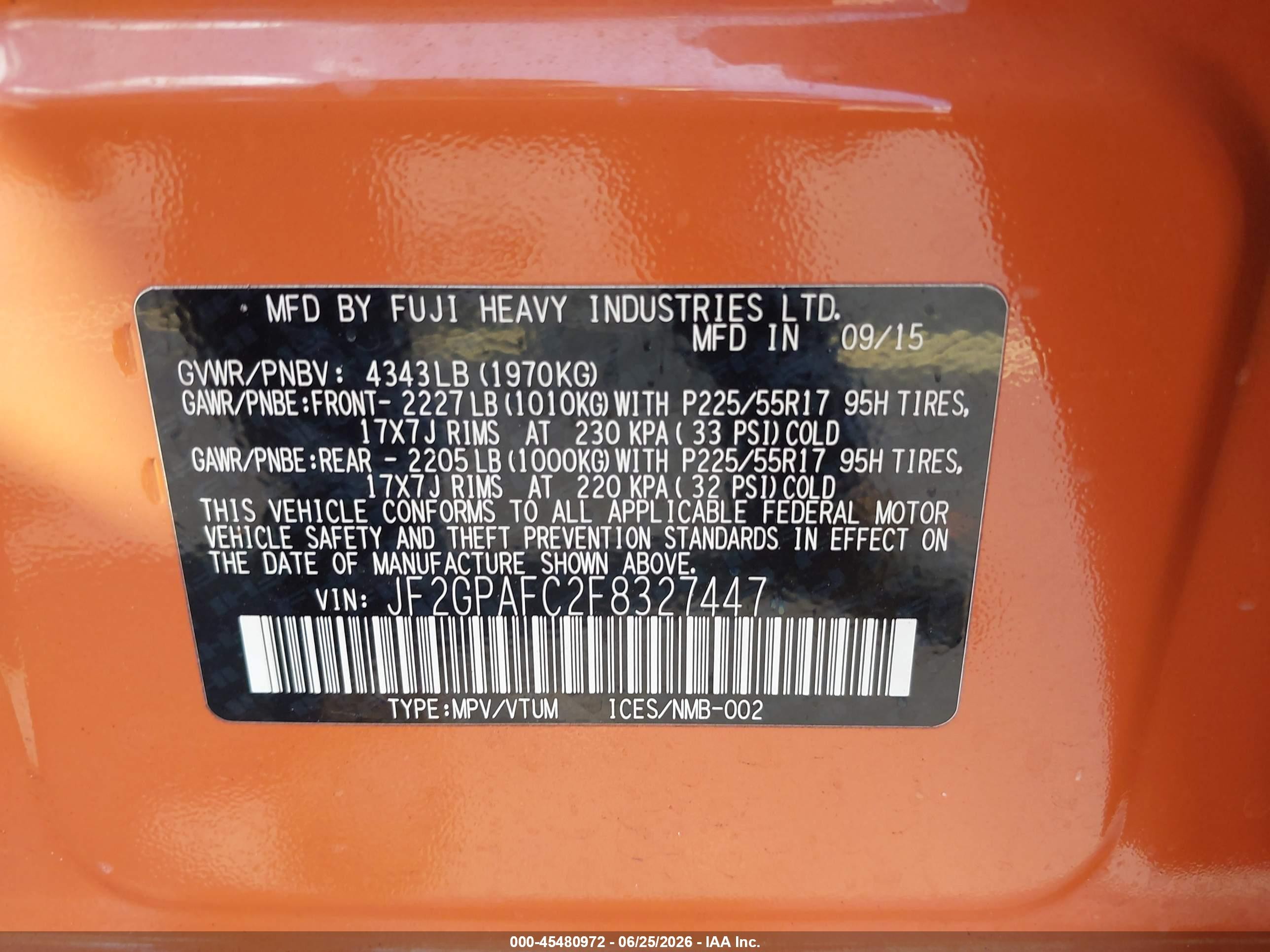 2015 Subaru Xv Crosstrek 2.0i Premium Orange vin: JF2GPAFC2F8327447