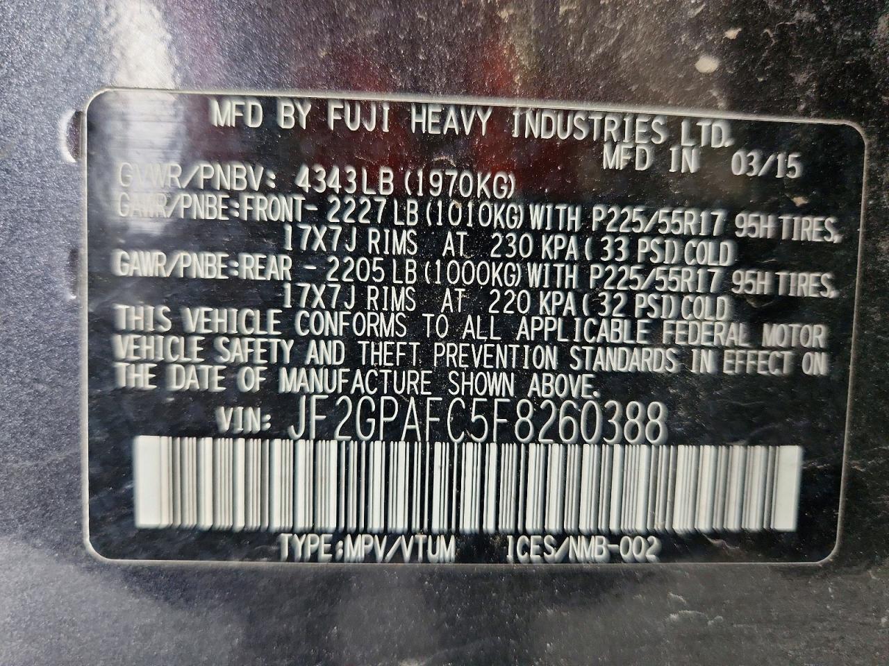 2015 Subaru Xv Crosstrek 2.0 Premium Charcoal vin: JF2GPAFC5F8260388