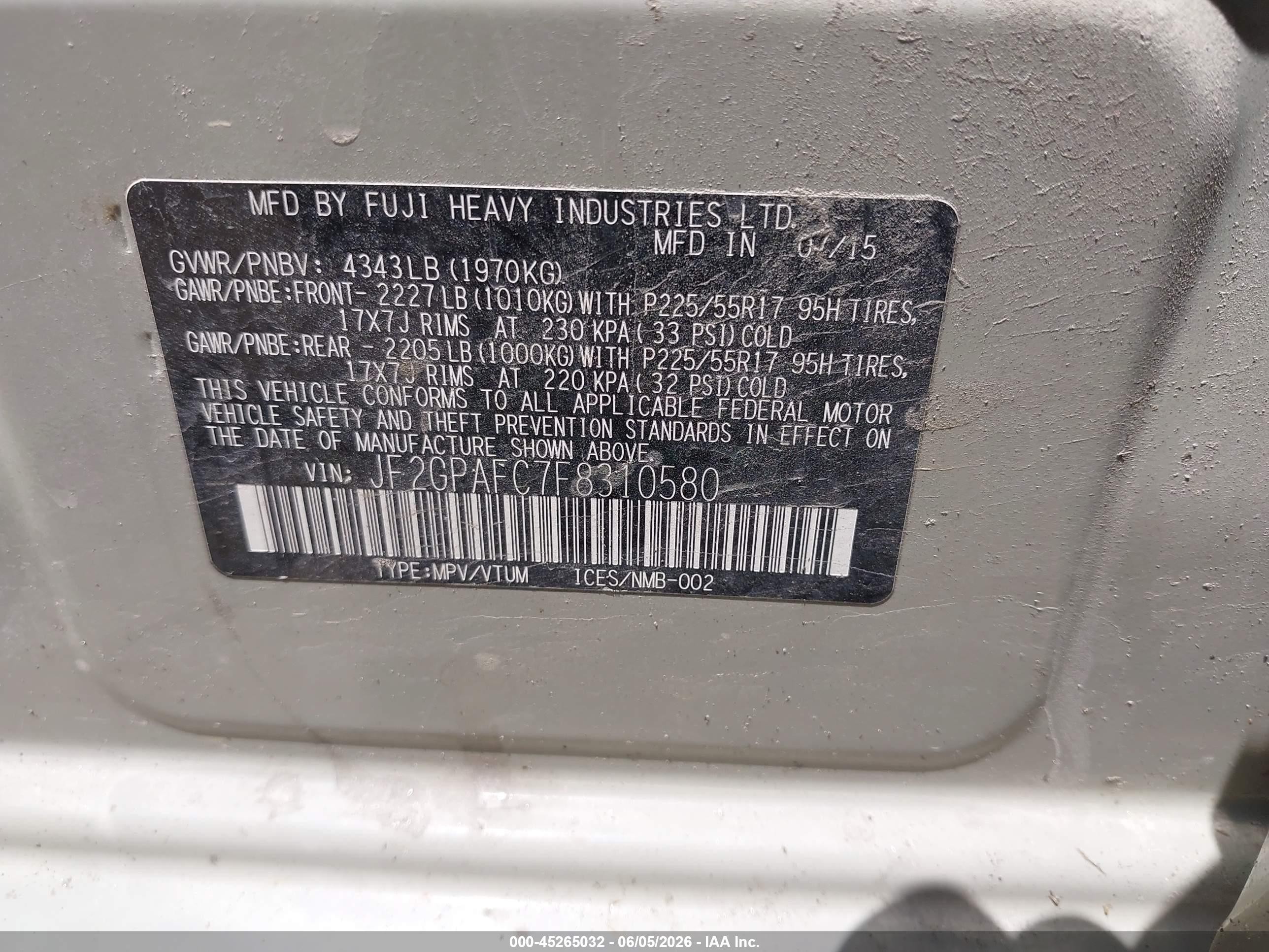 2015 Subaru Xv Crosstrek 2.0i Premium Cream vin: JF2GPAFC7F8310580