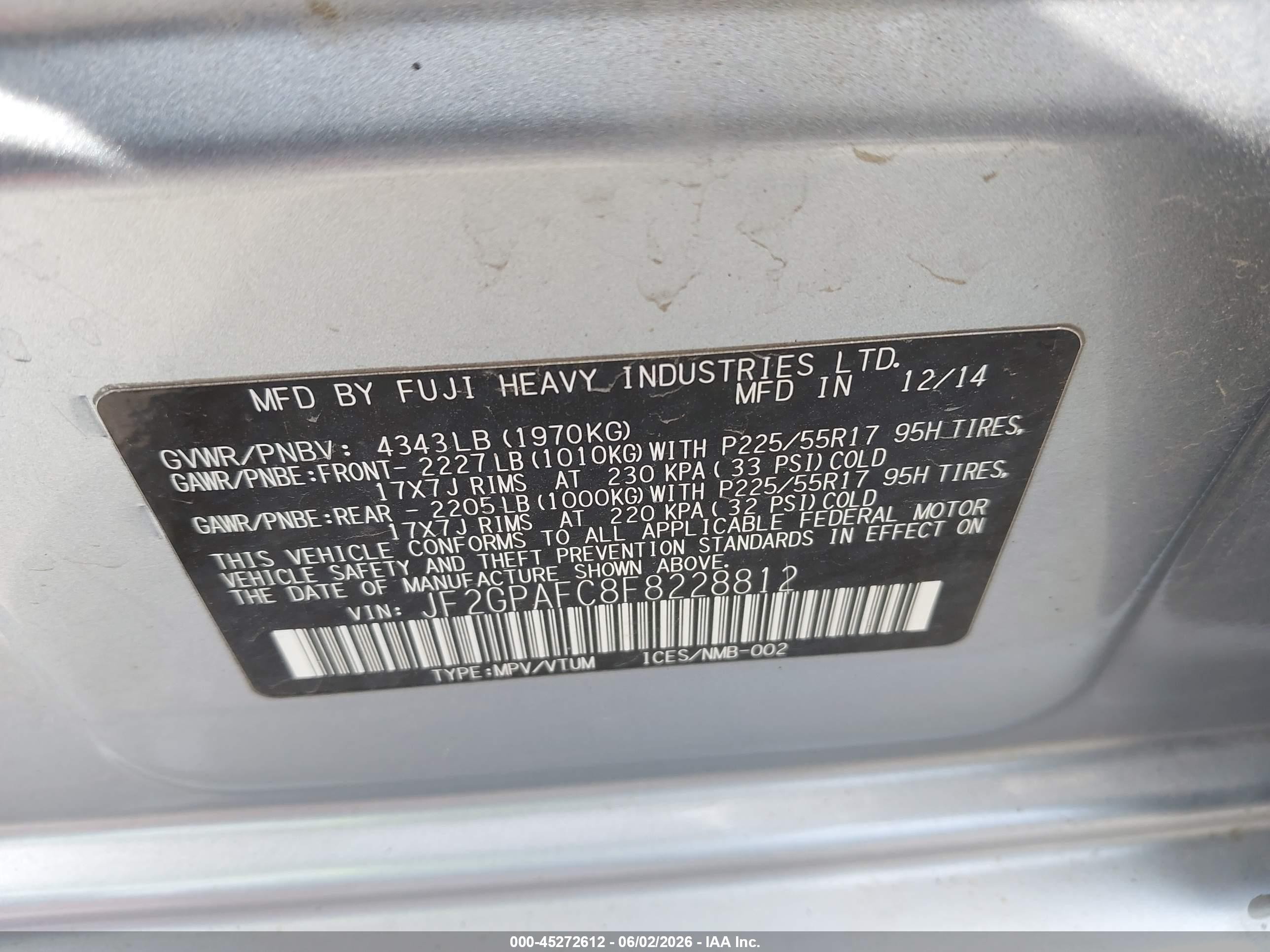 2015 Subaru Xv Crosstrek 2.0i Premium Silver vin: JF2GPAFC8F8228812