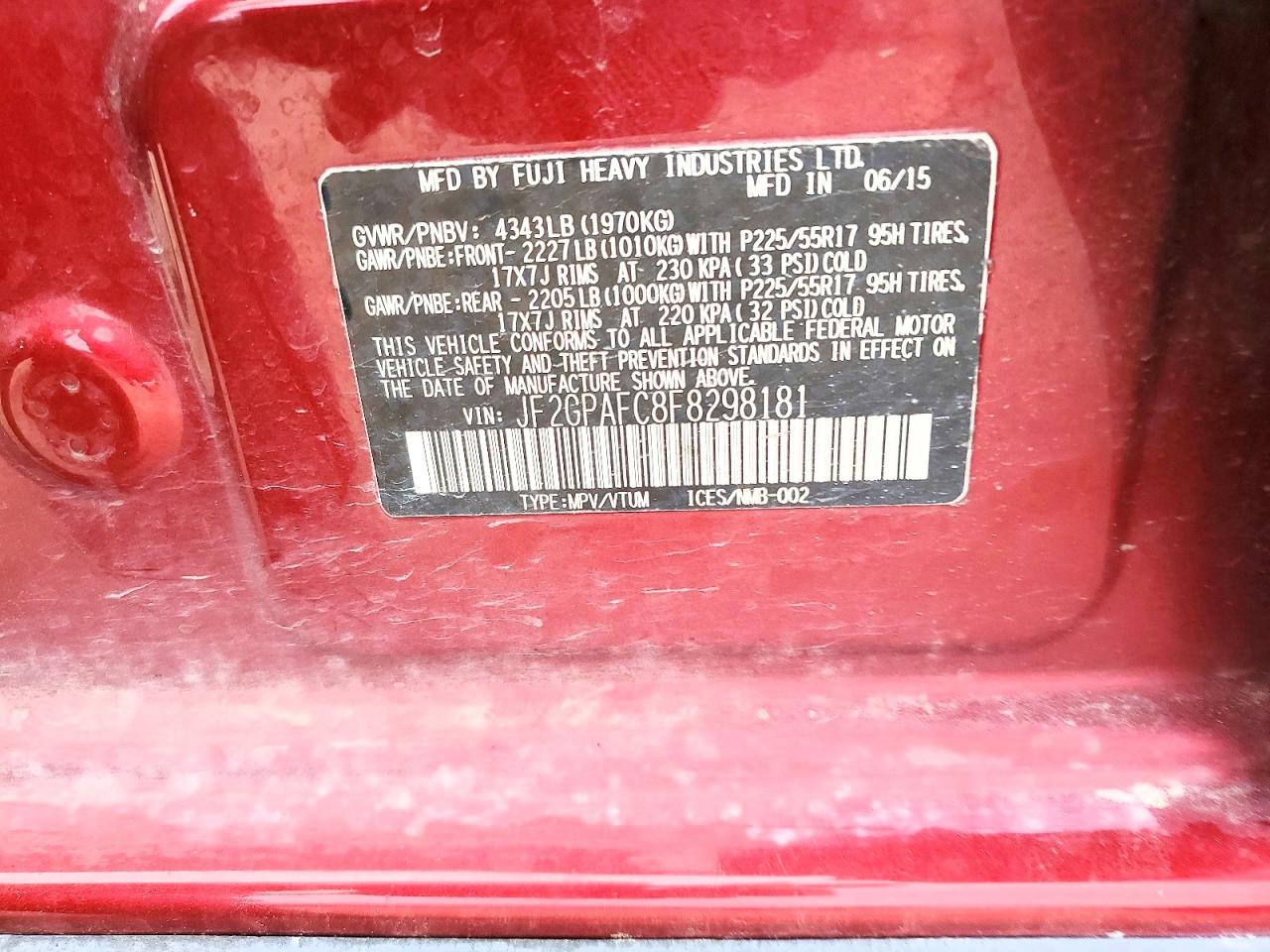 2015 Subaru Xv Crosstrek 2.0 Premium Red vin: JF2GPAFC8F8298181