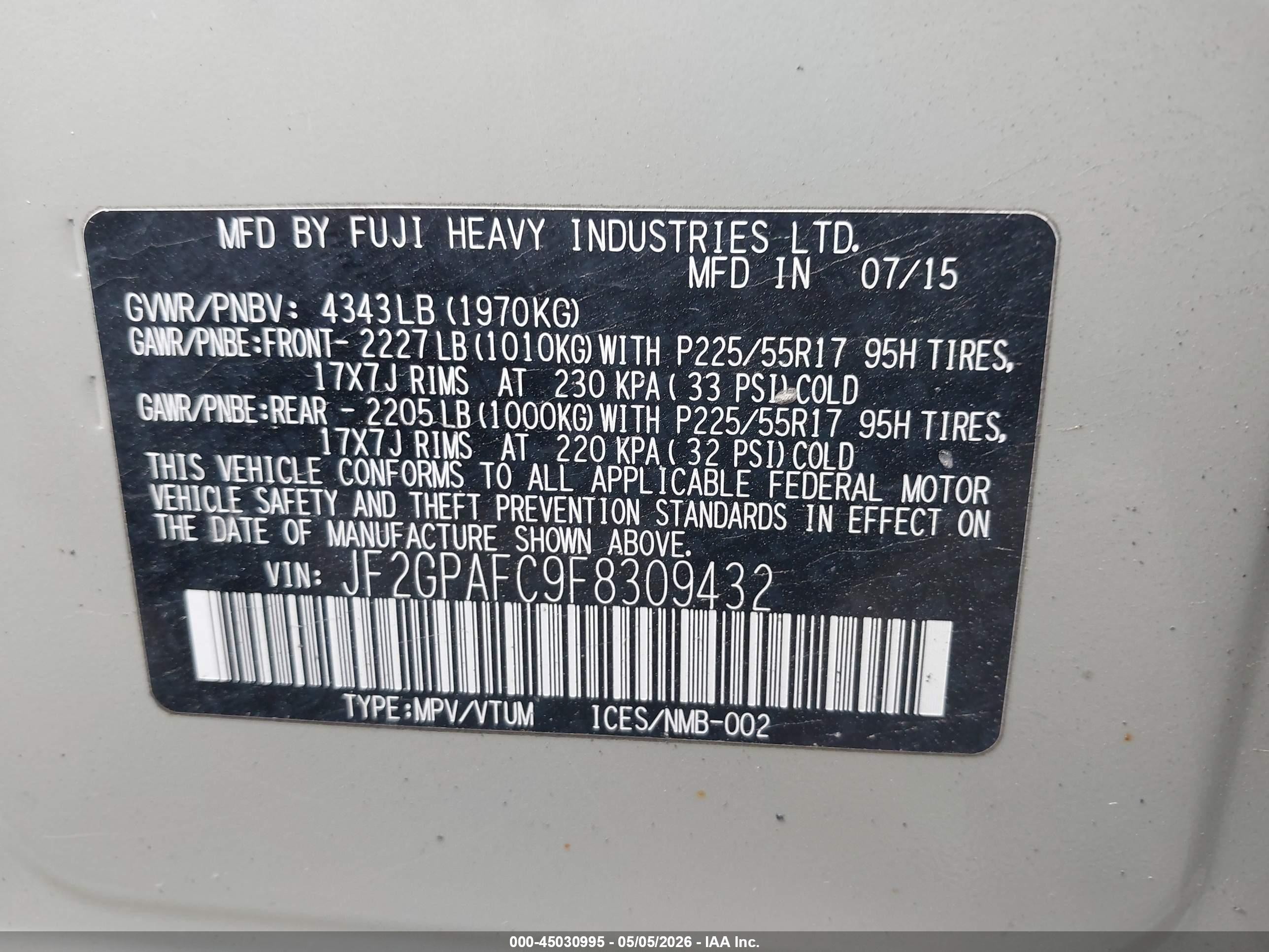 2015 Subaru Xv Crosstrek 2.0i Premium Pewter vin: JF2GPAFC9F8309432