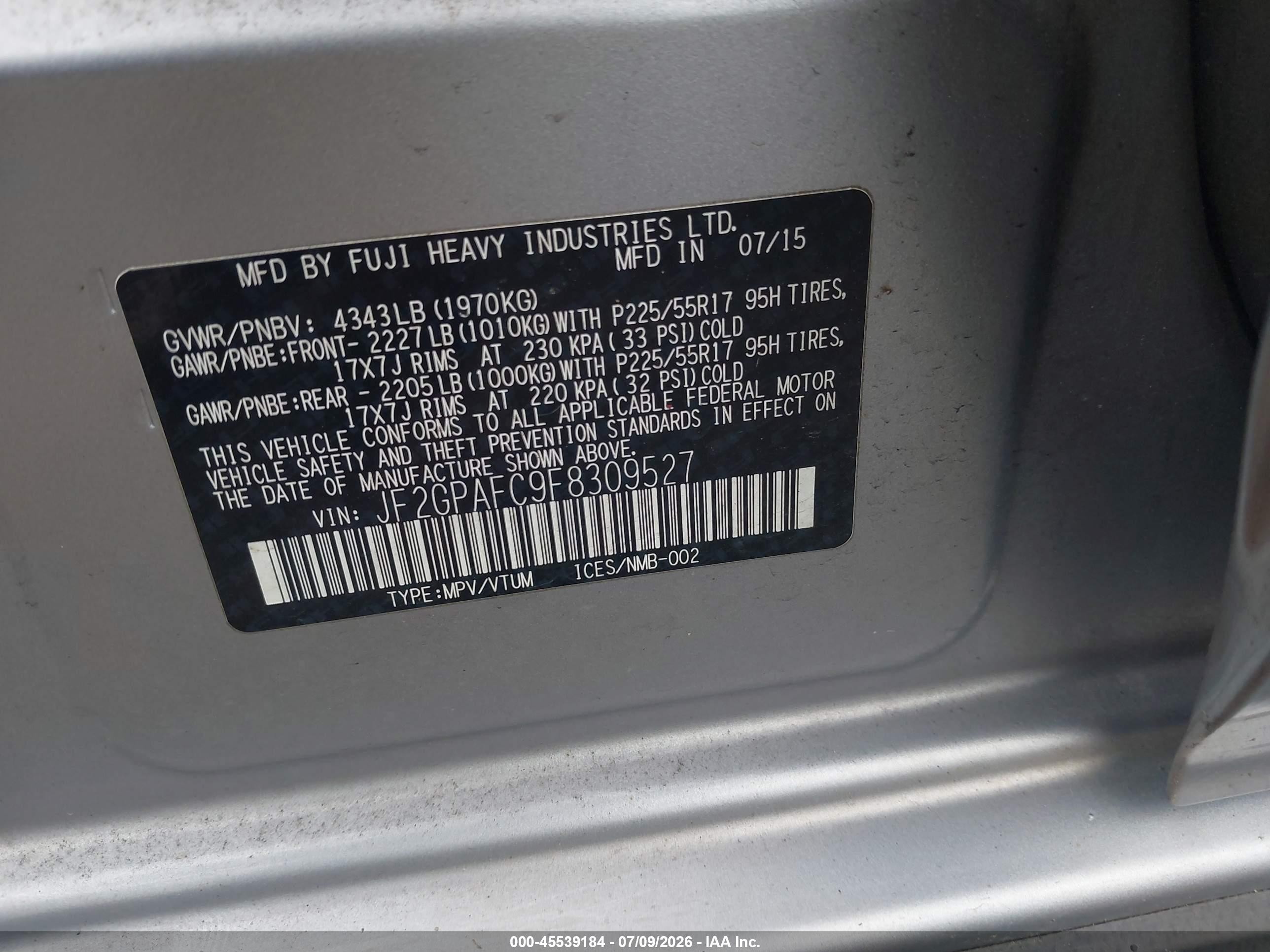 2015 Subaru Xv Crosstrek 2.0i Premium Silver vin: JF2GPAFC9F8309527