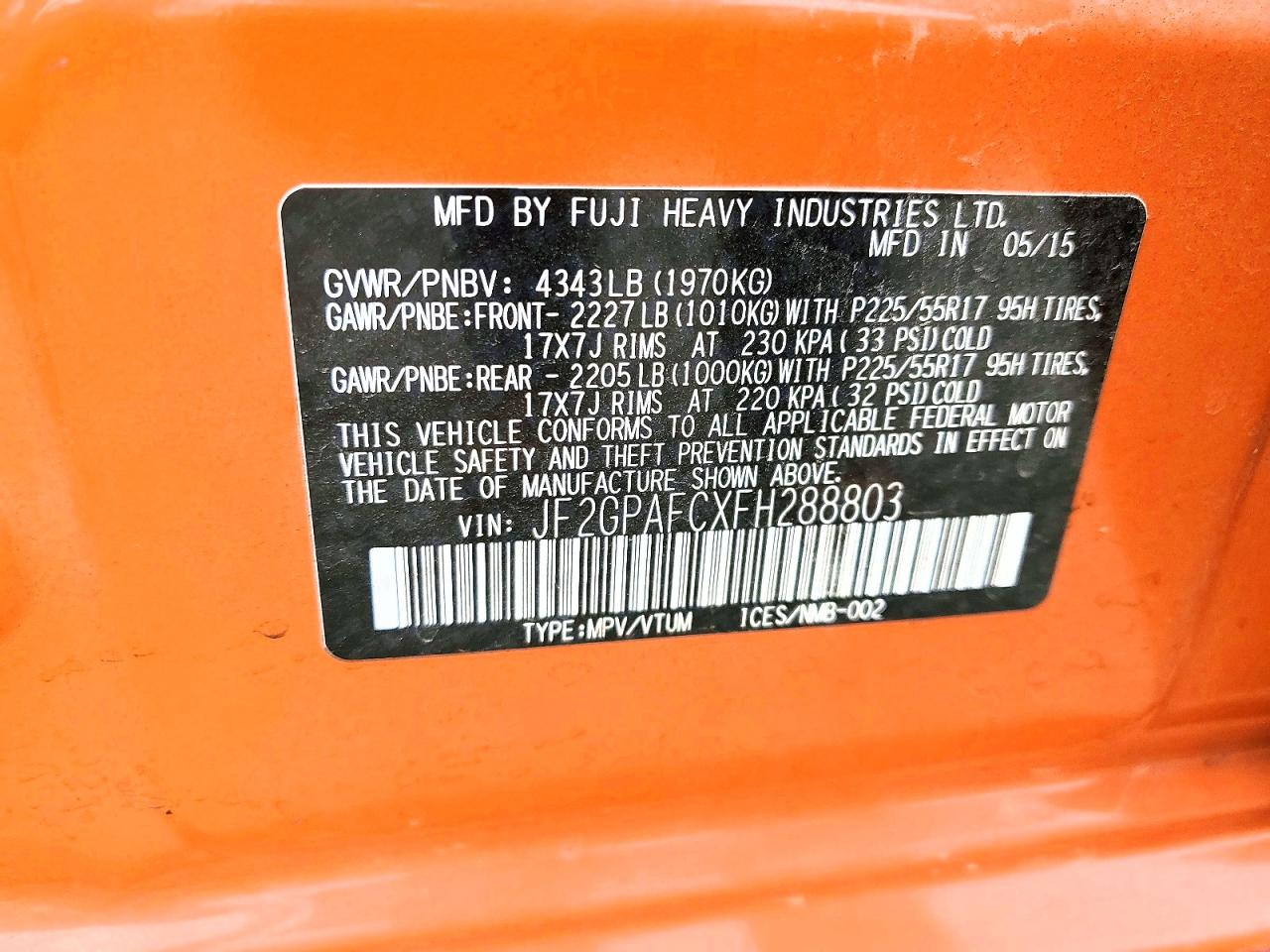 2015 Subaru Xv Crosstrek 2.0 Premium Orange vin: JF2GPAFCXFH288803
