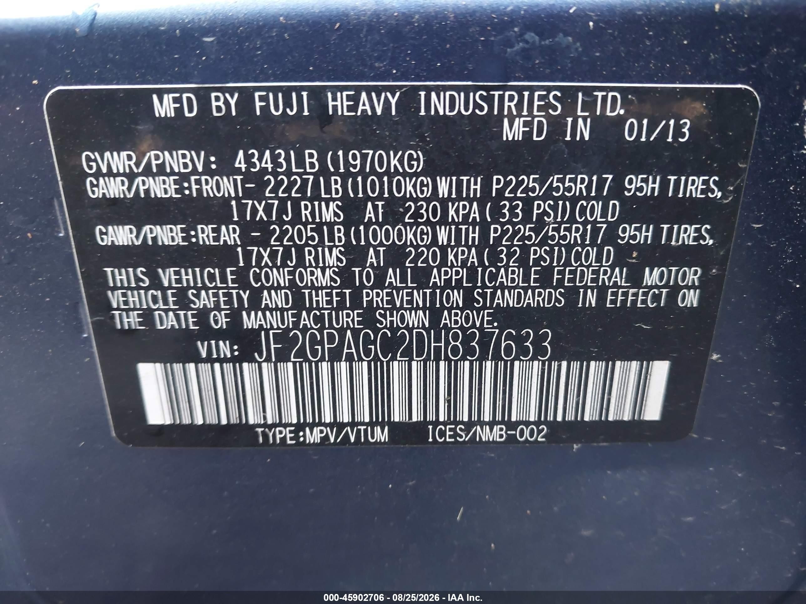 2013 Subaru Xv Crosstrek 2.0i Limited Blue vin: JF2GPAGC2DH837633