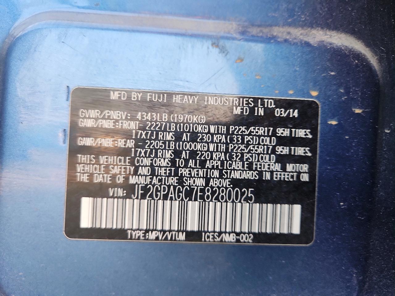 2014 Subaru Xv Crosstrek 2.0 Limited Blue vin: JF2GPAGC7E8280025