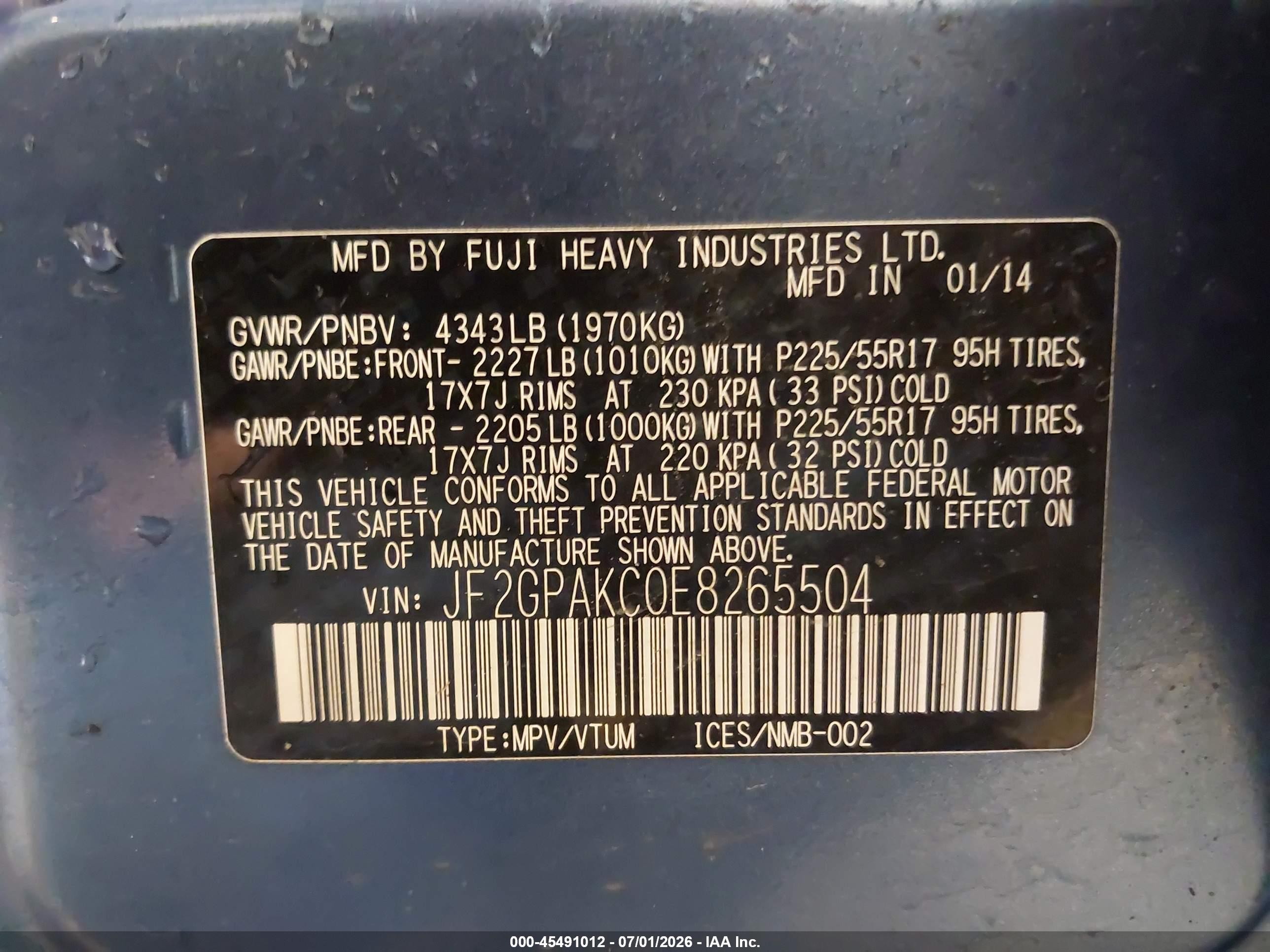 2014 Subaru Xv Crosstrek 2.0i Limited Blue vin: JF2GPAKC0E8265504