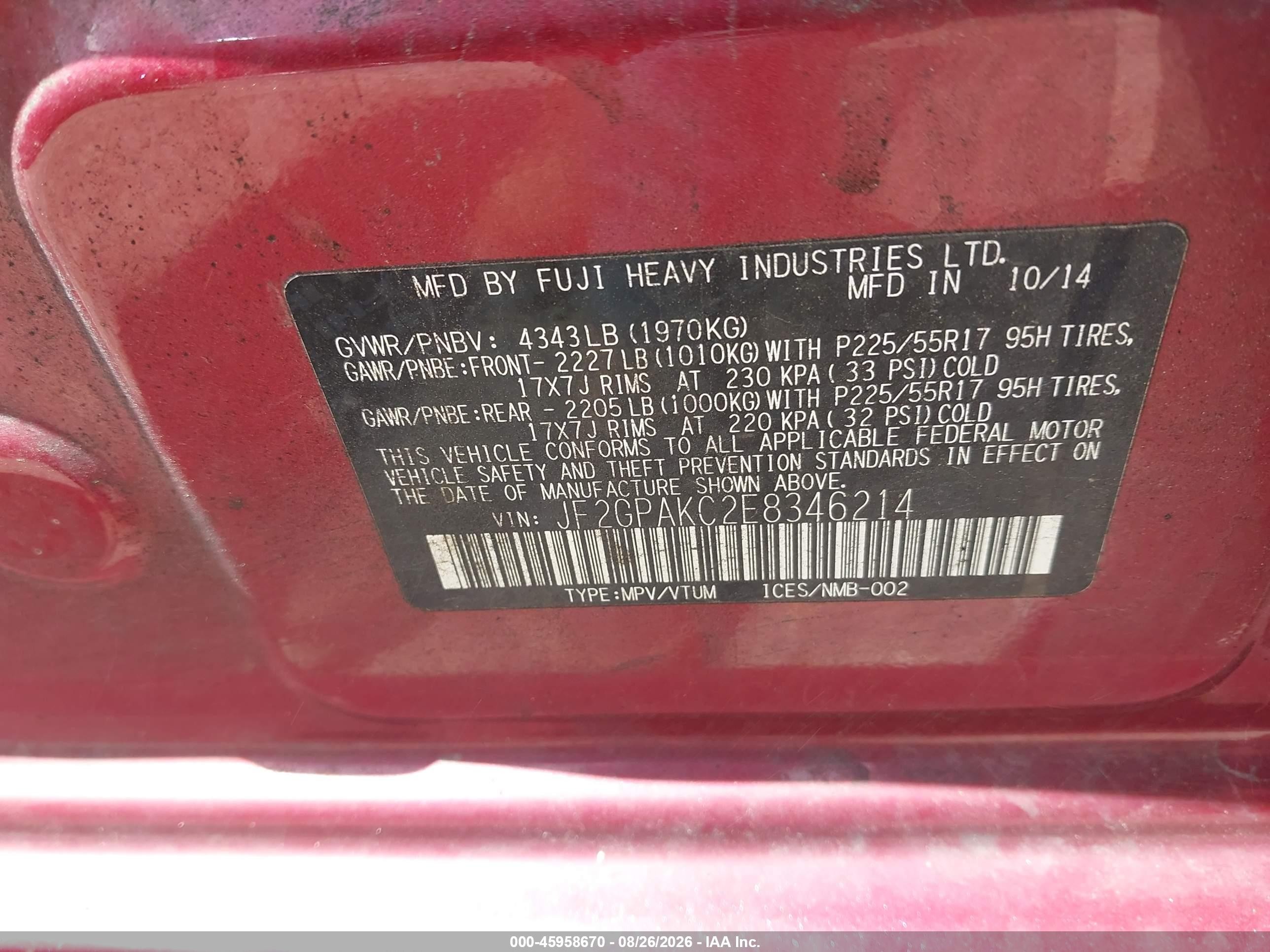 2014 Subaru Xv Crosstrek 2.0i Limited Maroon vin: JF2GPAKC2E8346214