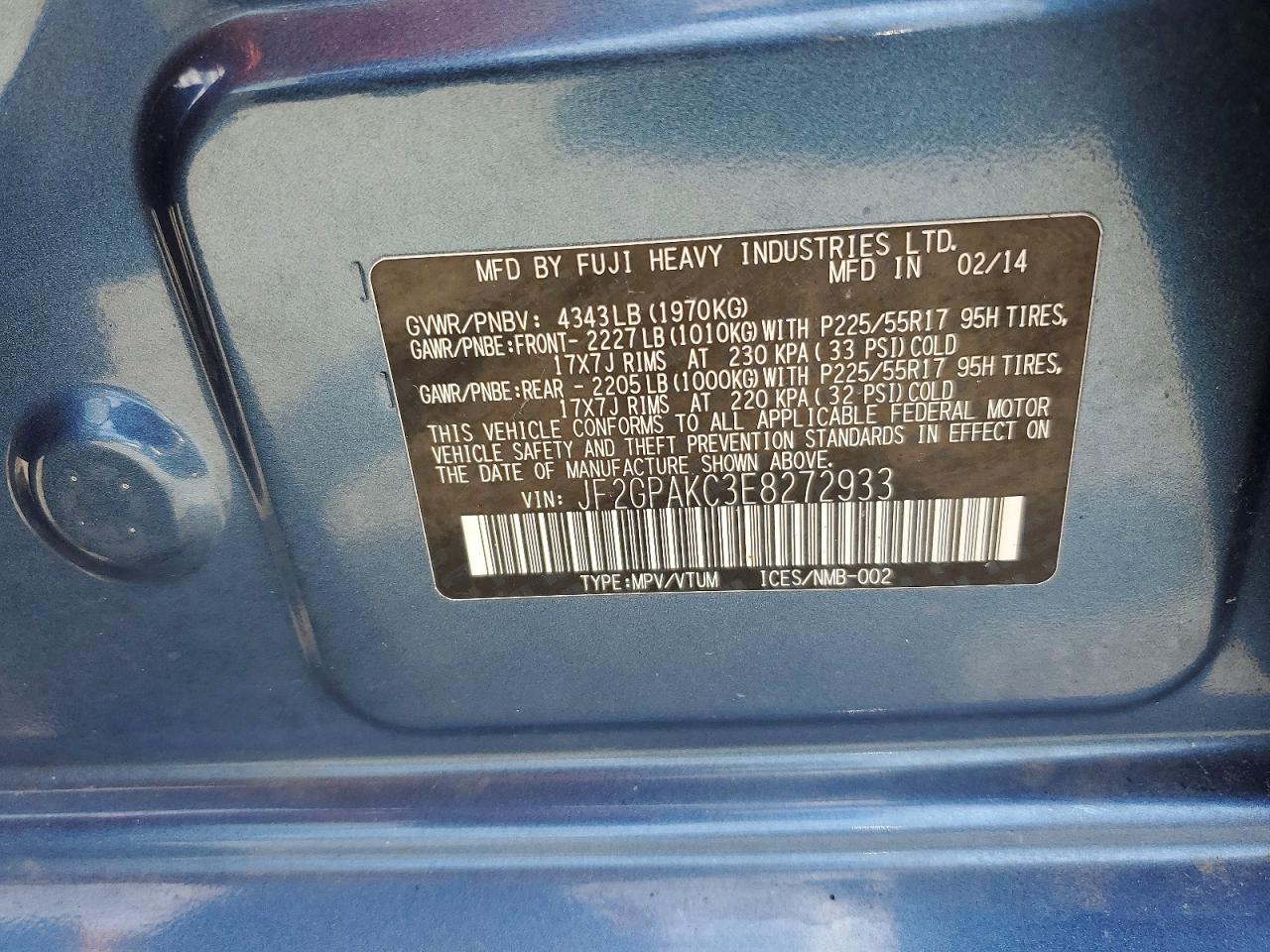 2014 Subaru Xv Crosstrek 2.0 Limited Blue vin: JF2GPAKC3E8272933