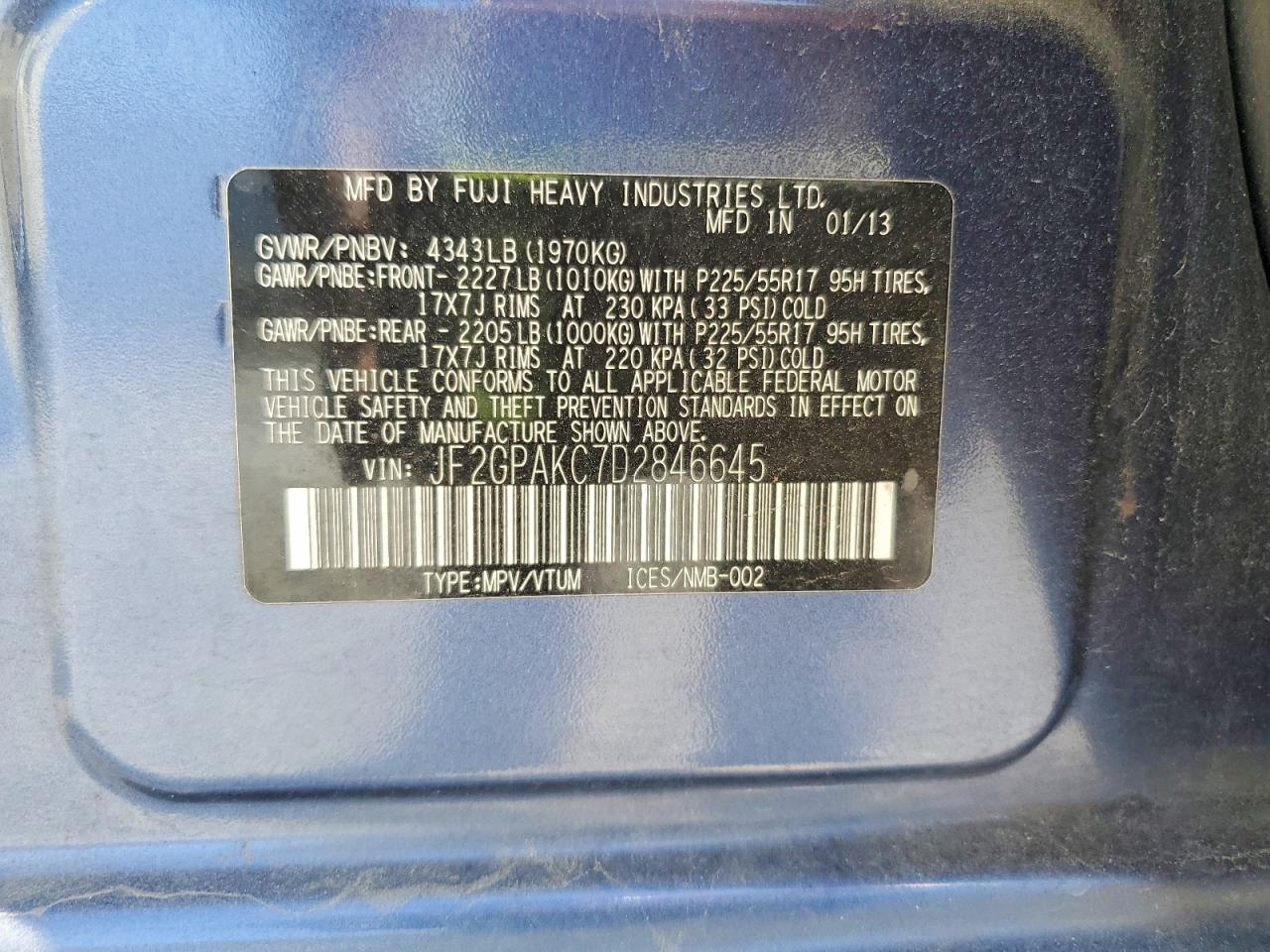 2013 Subaru Xv Crosstrek 2.0 Limited Blue vin: JF2GPAKC7D2846645