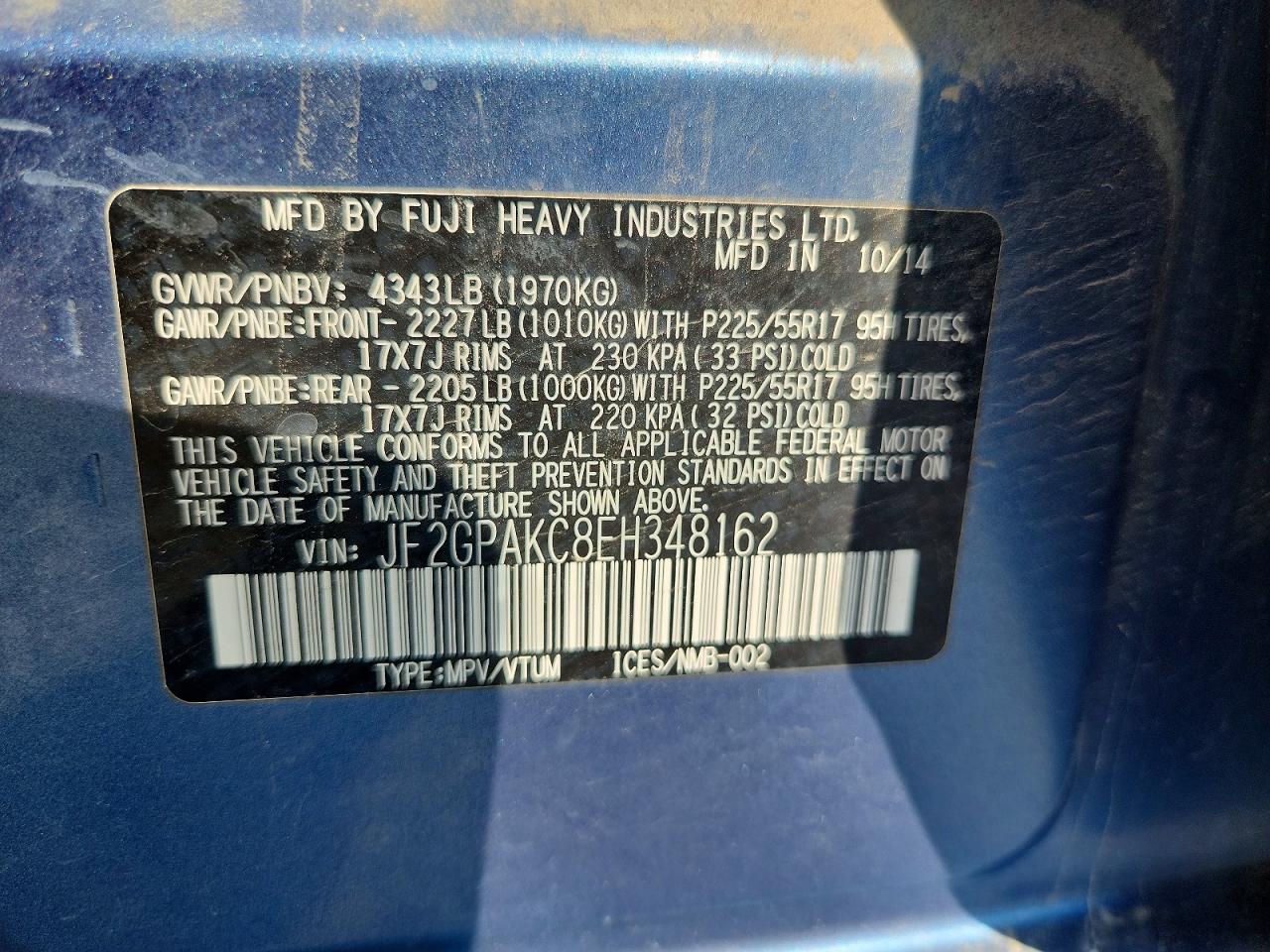 2014 Subaru Xv Crosstrek 2.0 Limited Blue vin: JF2GPAKC8EH348162