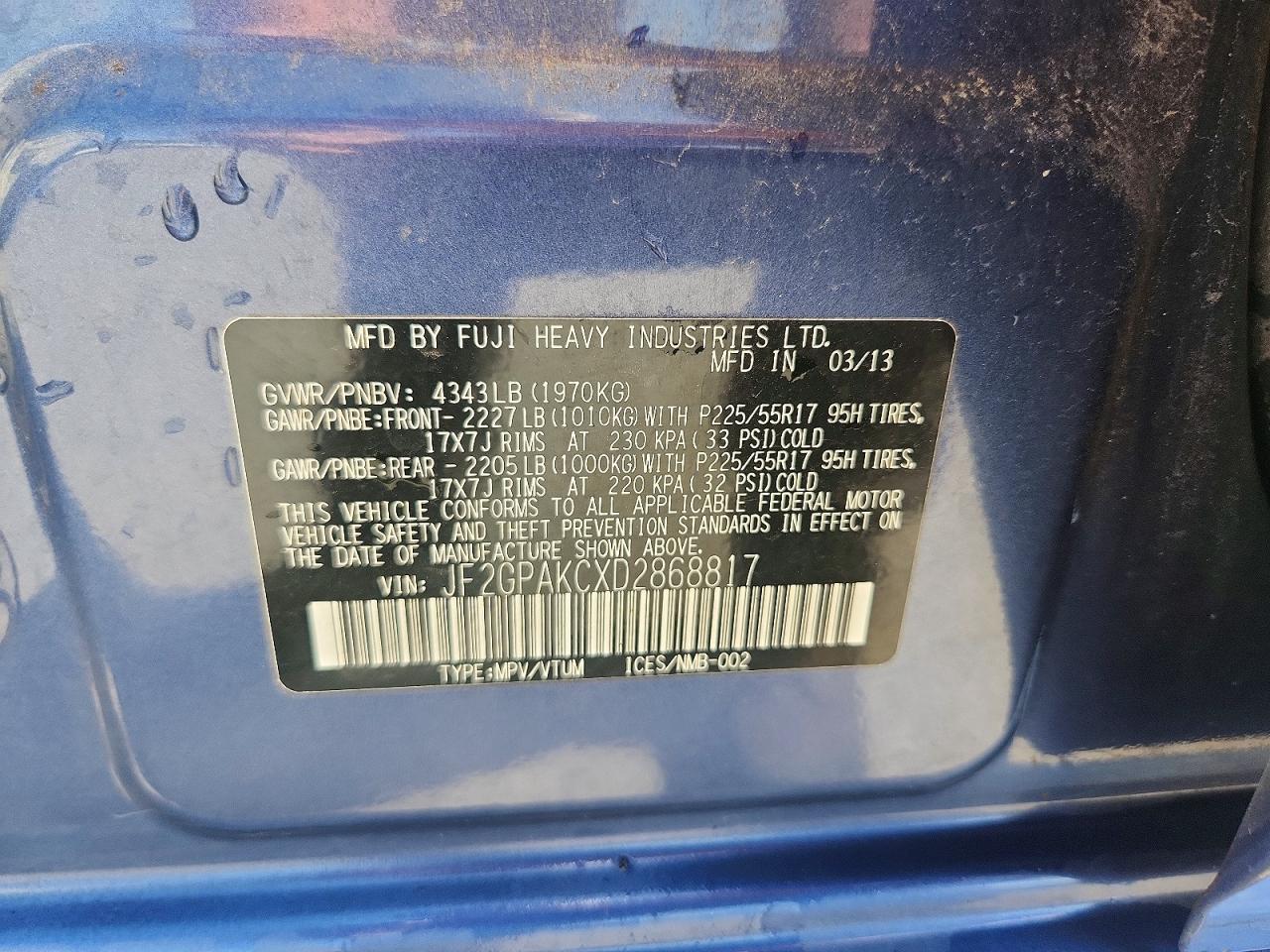 2013 Subaru Xv Crosstrek 2.0 Limited Blue vin: JF2GPAKCXD2868817